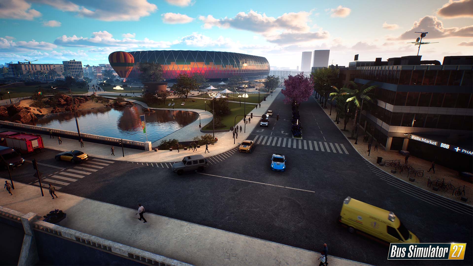 Escena urbana al atardecer con estadio, lago, coches y globo aerostático.