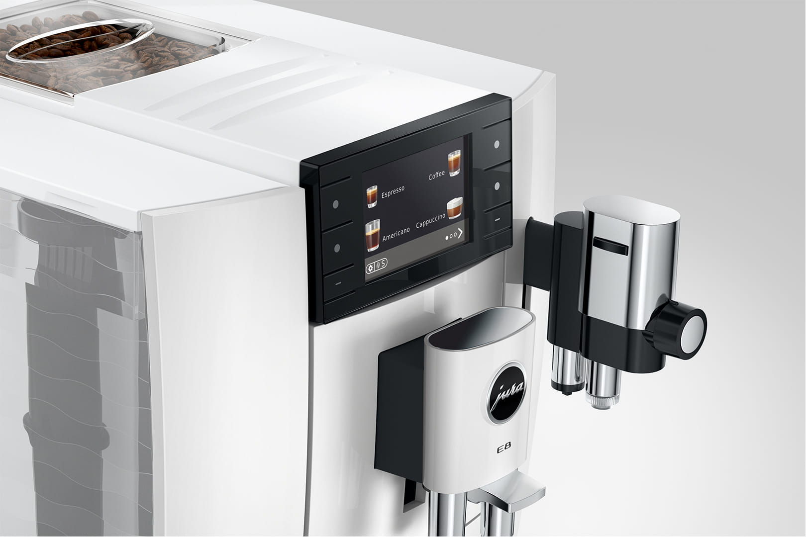 Una macchina da caffè bianca con touchscreen che mostra Espresso, Caffè, Americano e Cappuccino.