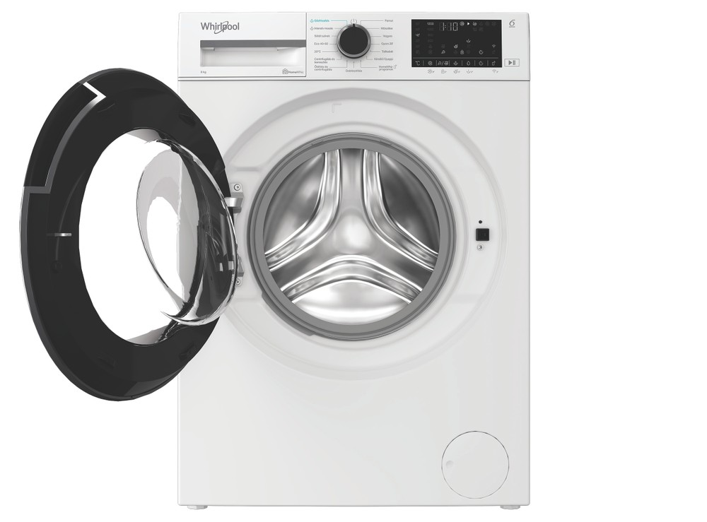 Fehér Whirlpool mosógép nyitott fekete ajtóval és dobbal.
