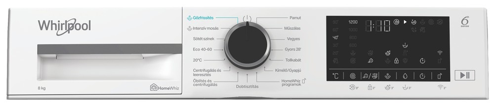 Fehér Whirlpool mosógép kezelőpanel digitális kijelzővel és forgókapcsolóval.