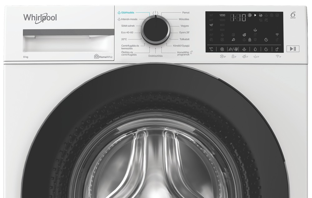 Fehér Whirlpool mosógép digitális kijelzővel, forgókapcsolóval és rozsdamentes dobbal.