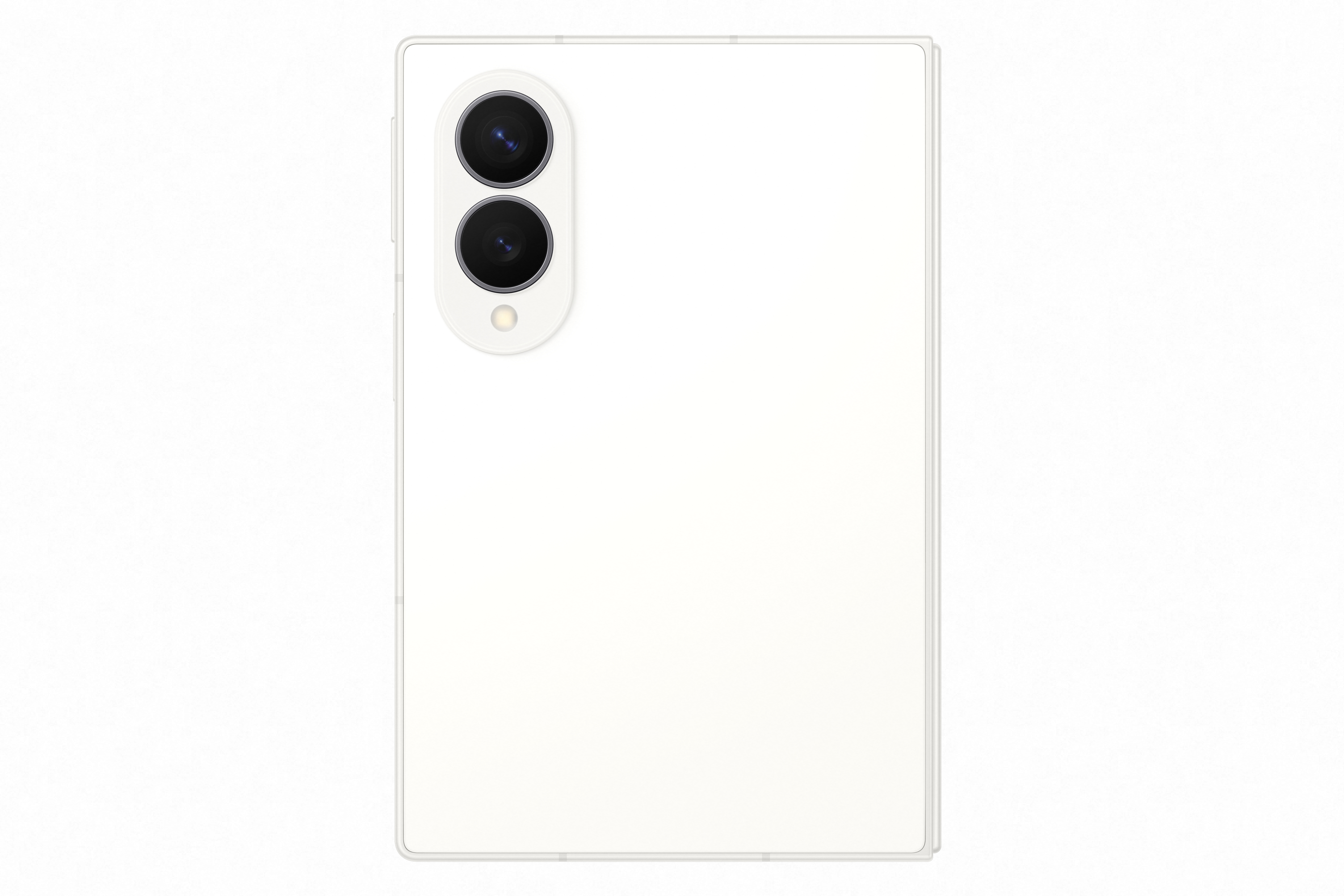 Weiße Smartphone-Rückseite mit vertikal angeordnetem, ovalem Kameramodul.