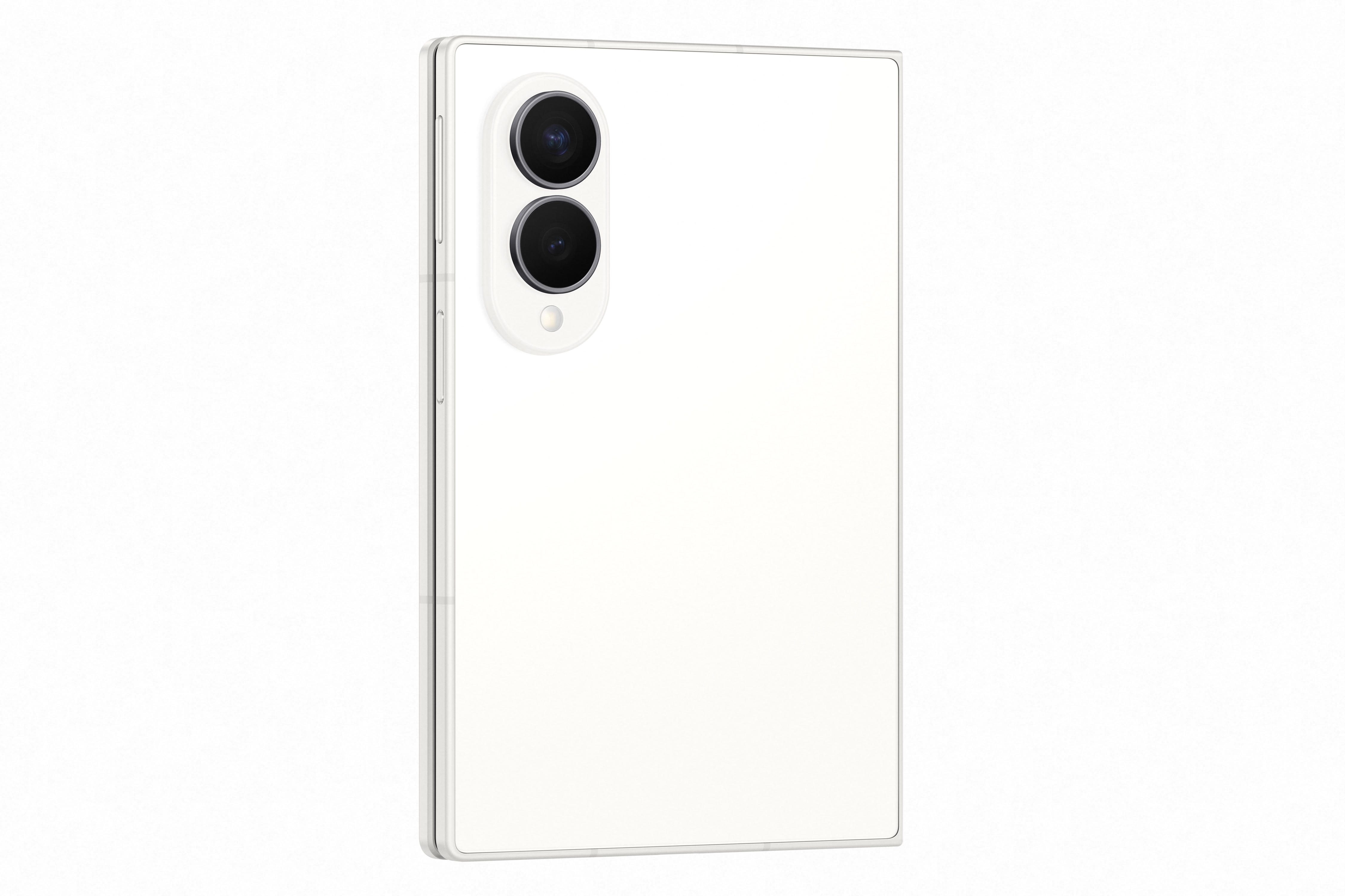 Ein weißes Smartphone mit zwei Kameras auf der Rückseite, auf weißem Hintergrund.