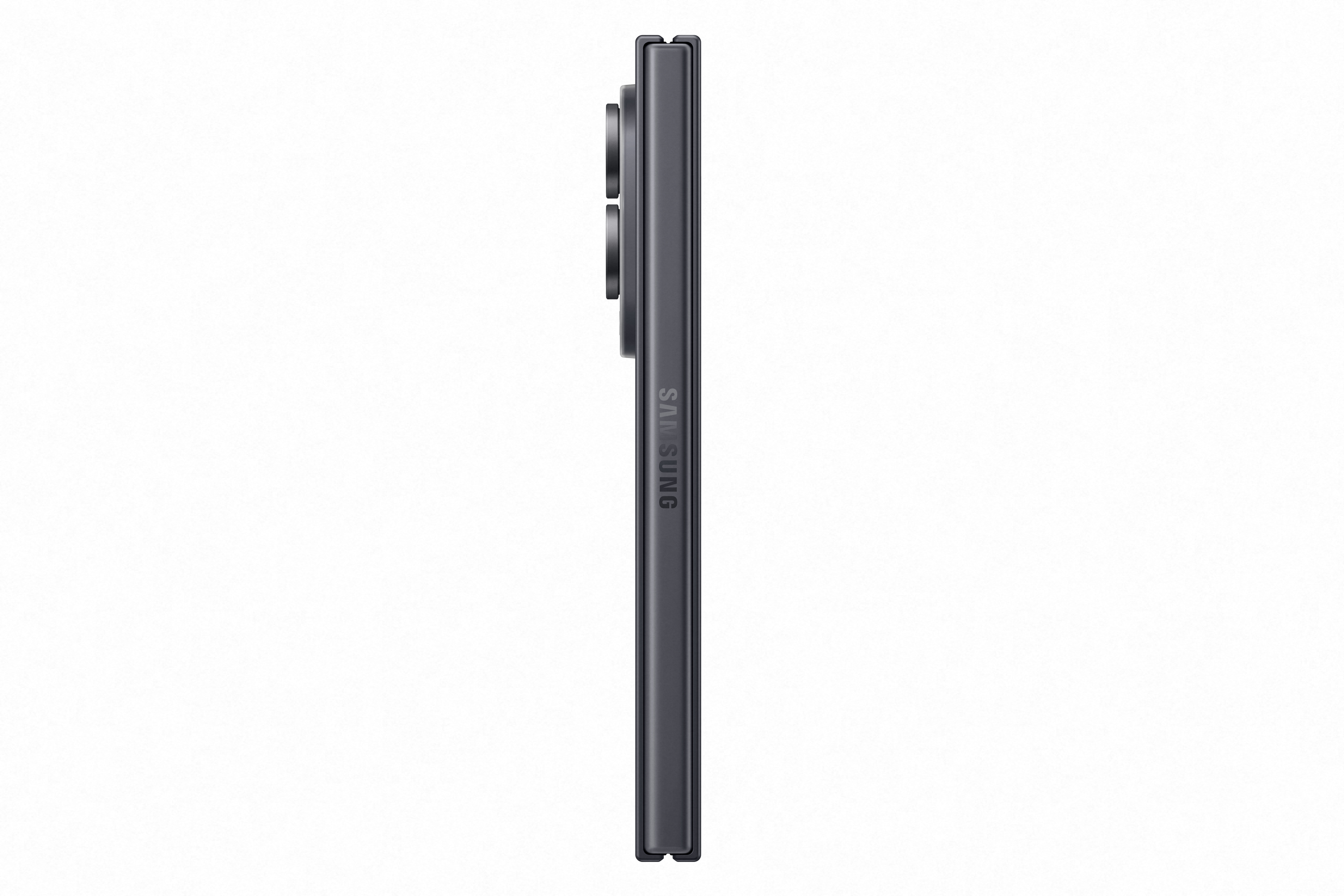 Dunkelgraues Smartphone im Profil, Kameras auf der linken Seite, Samsung-Logo.