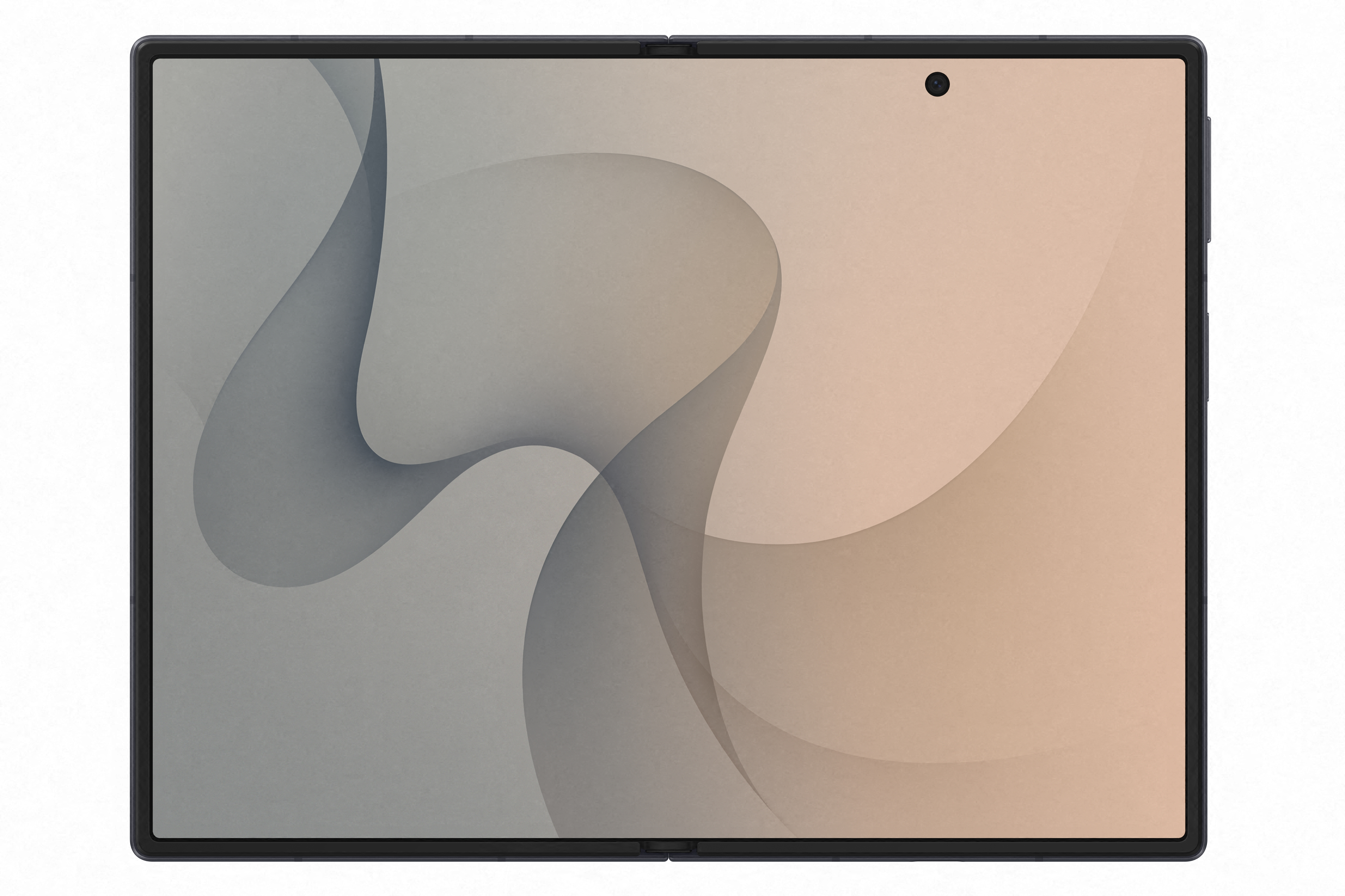 Ein dunkles Tablet mit abstraktem, wellenförmigem Hintergrund in Grau- und Pfirsichtönen.