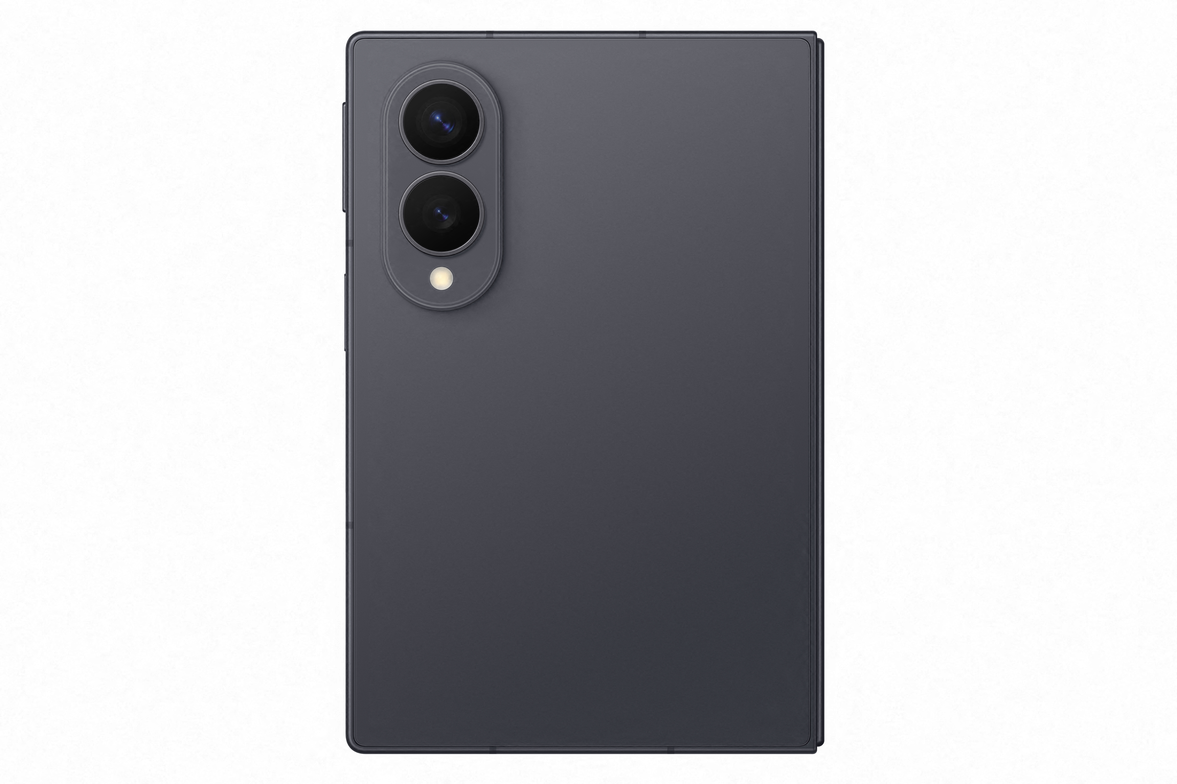 Dunkelgraues Smartphone mit zwei Kameras und Blitz auf weißem Hintergrund.