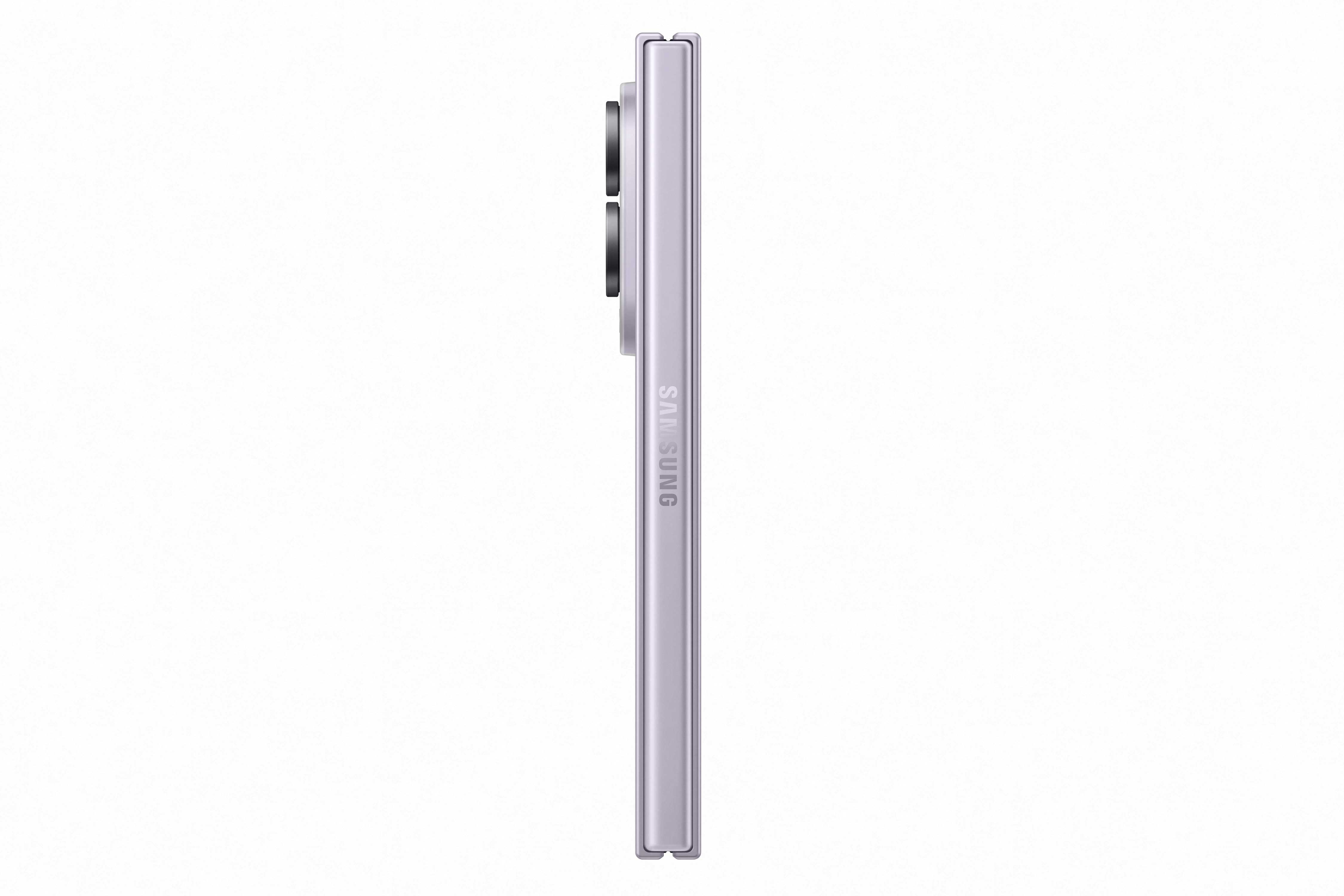 Ein lila Samsung Smartphone im Seitenprofil mit zwei Kameras.