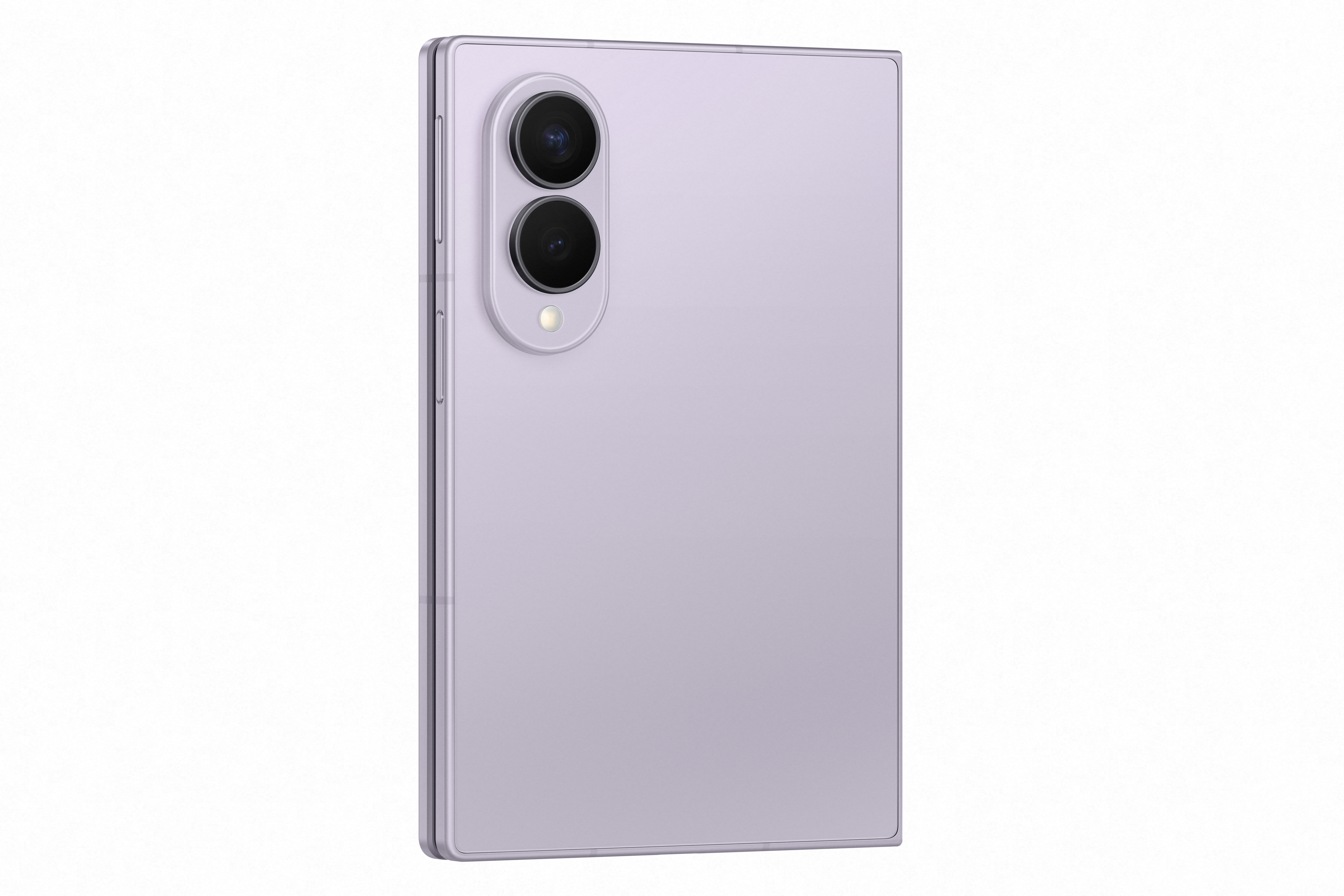 Ein lila Smartphone mit zwei Kameras und Blitz auf der Rückseite.
