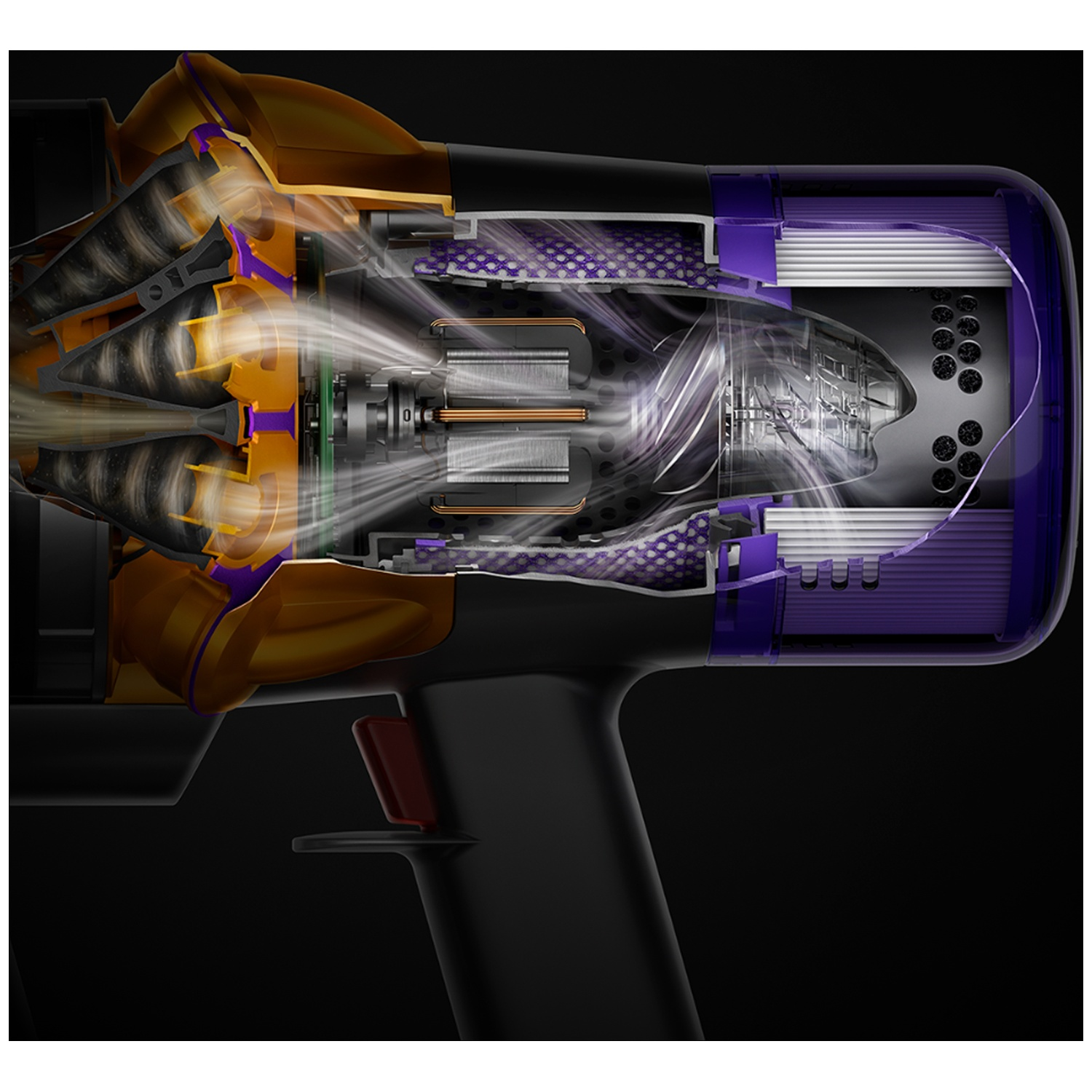Doorgesneden weergave van een föhn met interne turbines, motor en filters.