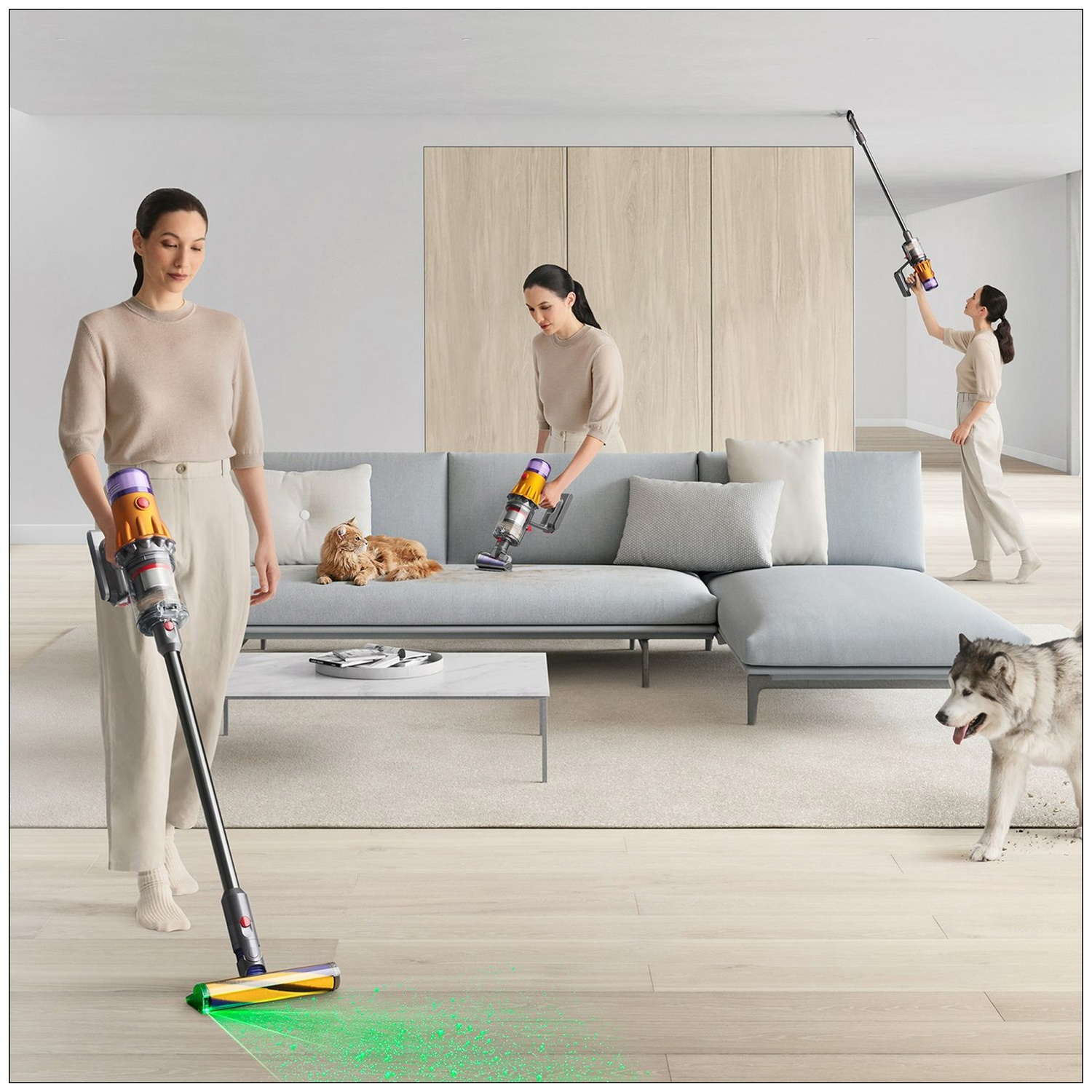 Vrouw stofzuigt vloer met laser, andere reinigt plafond. Kat & hond.