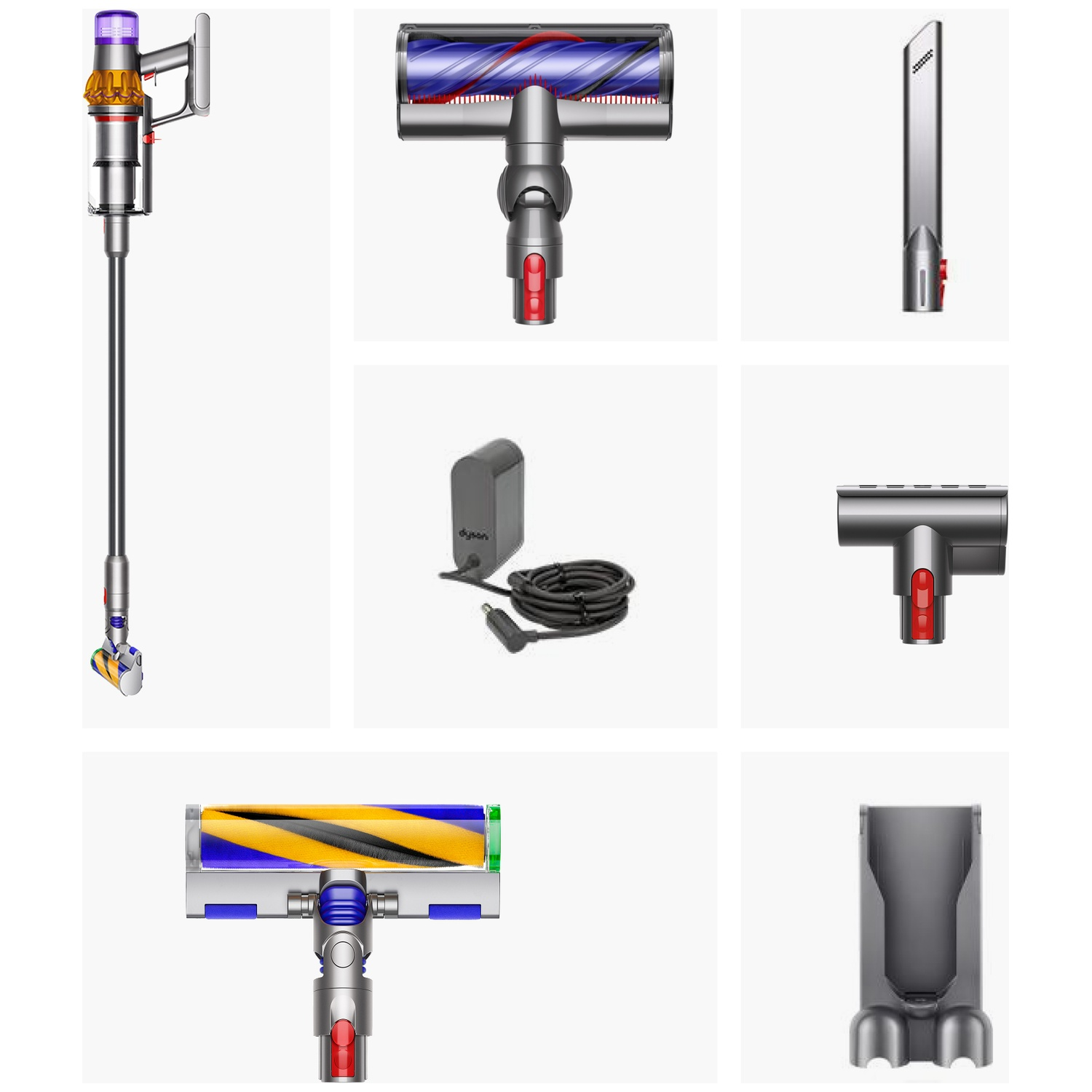Een Dyson stofzuiger en accessoires, inclusief borstelkoppen en oplader.