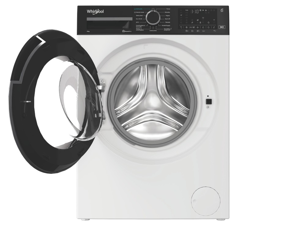 Fehér Whirlpool mosógép nyitott fekete ajtóval, ezüst dobbal.