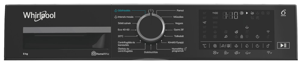 Egy fekete Whirlpool mosógép vezérlőpultja programválasztással és digitális kijelzővel.