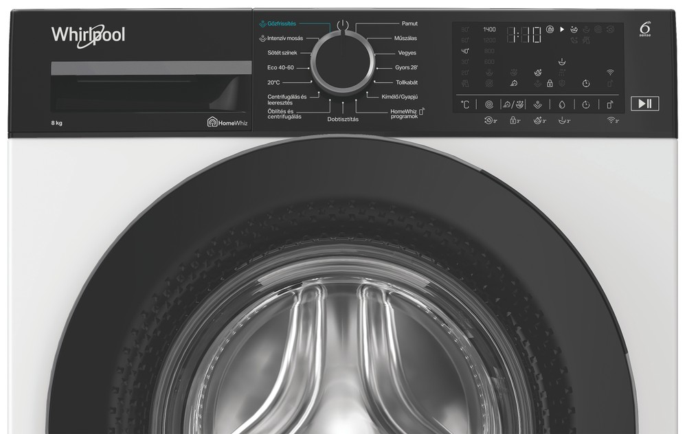 Fehér Whirlpool mosógép elölnézetben, fekete ajtóval és kezelőpanellel.