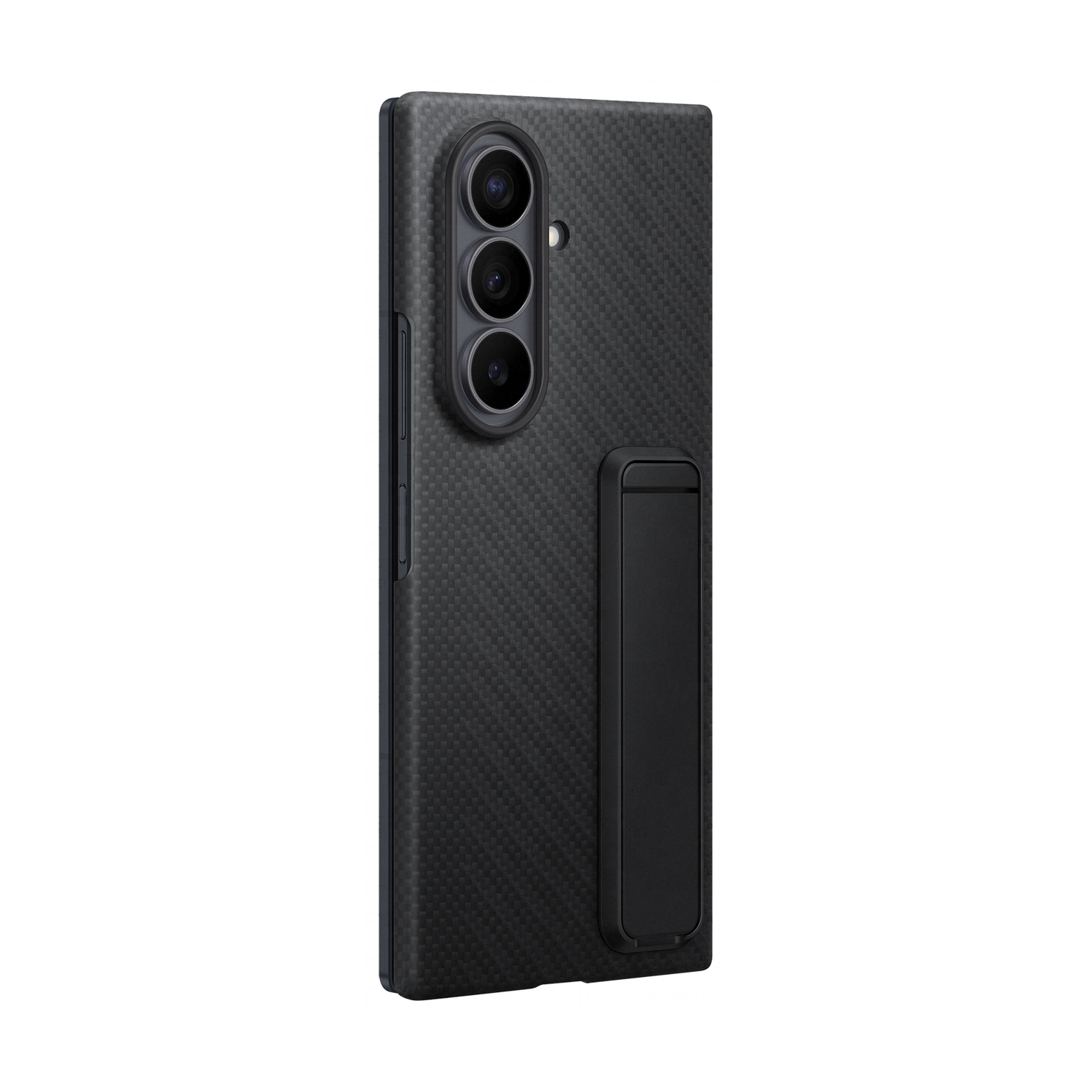 Smartphone nero con motivo carbonio, tre fotocamere e cavalletto.