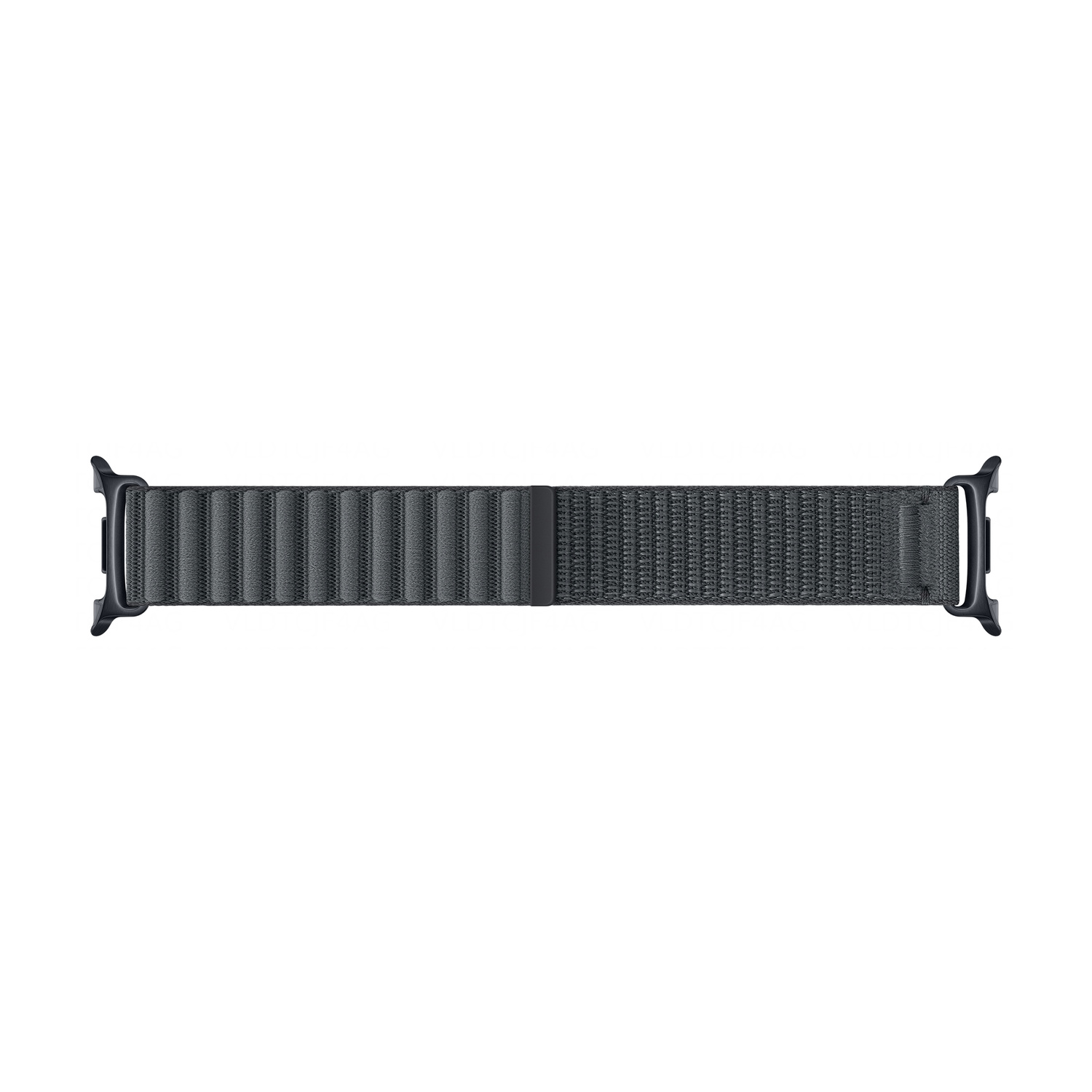 Un cinturino in tessuto scuro con chiusura a passante per uno smartwatch.