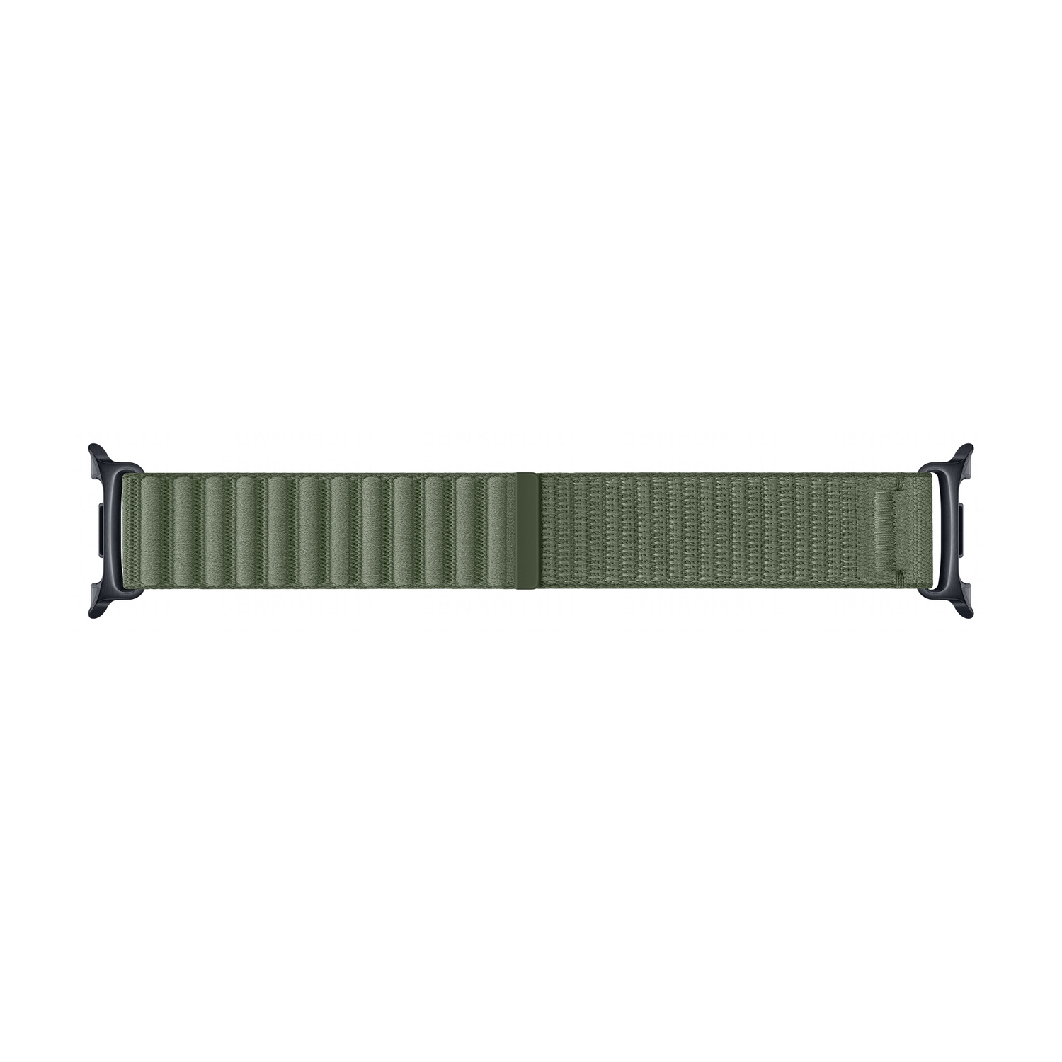 Un cinturino per orologio in tessuto verde oliva con cuciture verticali e connettori neri.