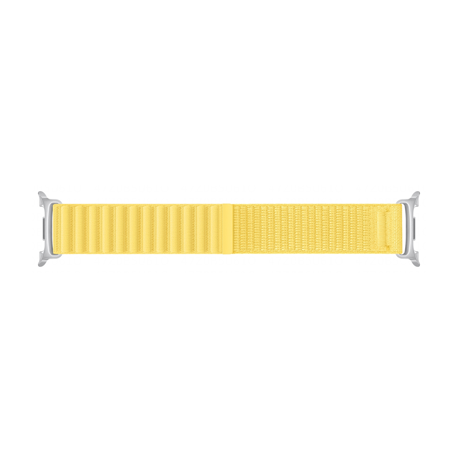 Un cinturino per orologio in tessuto giallo brillante con connettori argentati su sfondo bianco.
