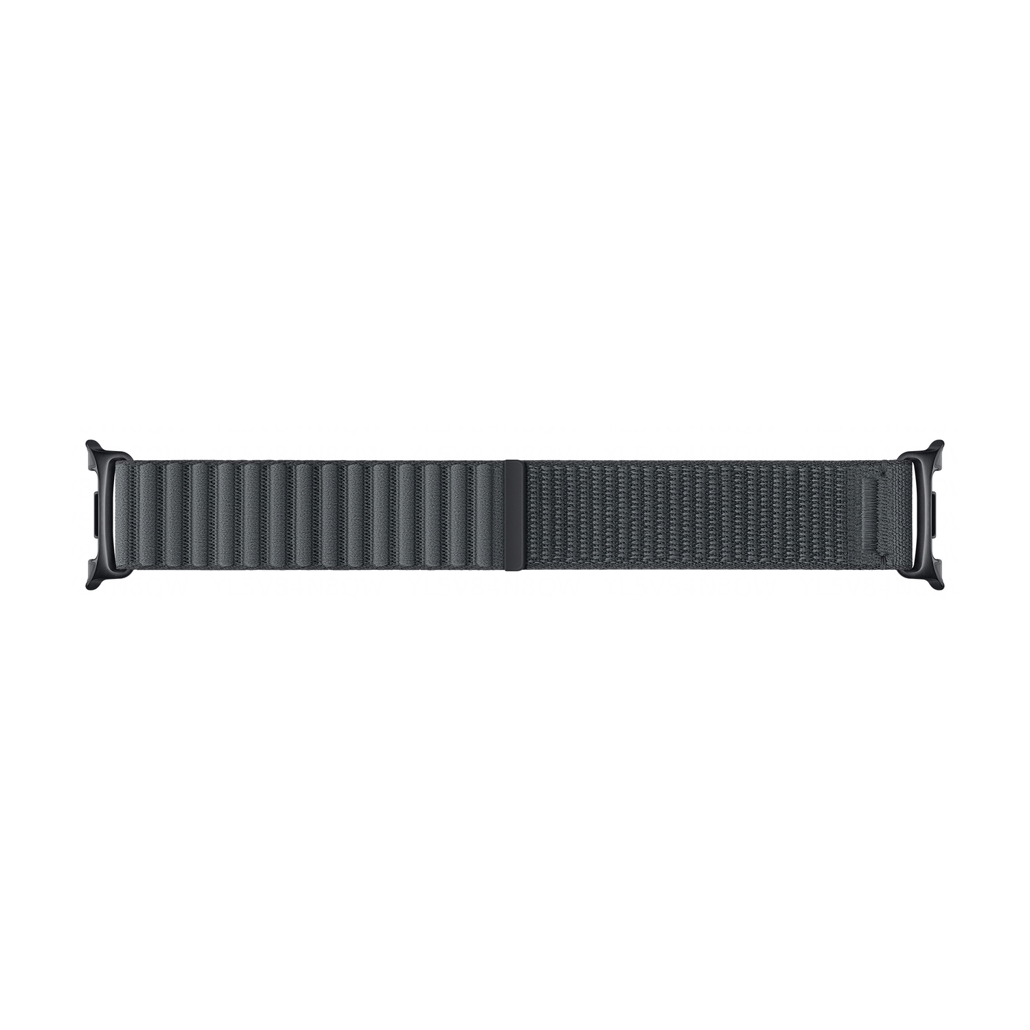 Un cinturino tessile scuro per smartwatch su sfondo bianco.