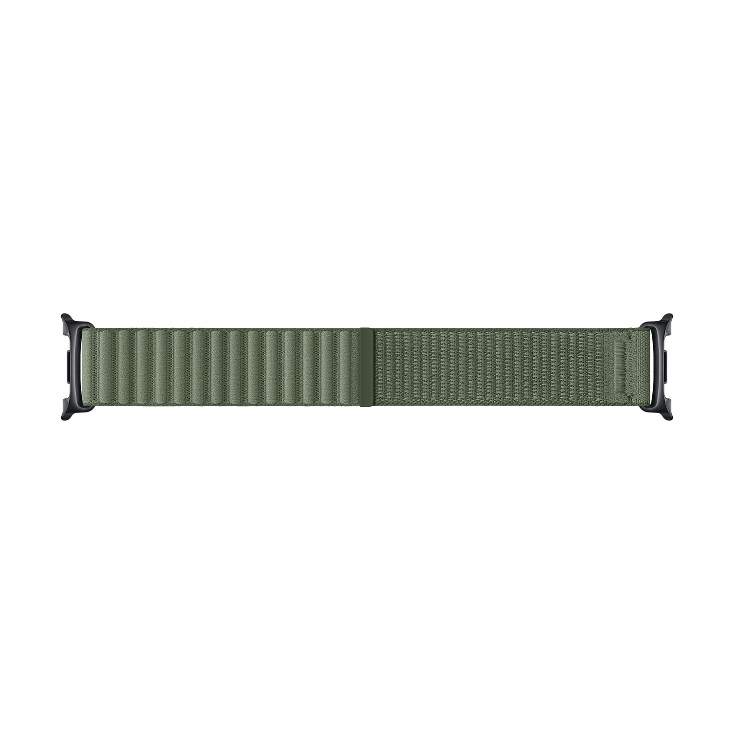 Un cinturino per orologio in tessuto verde oliva con chiusura in velcro e connettori neri.