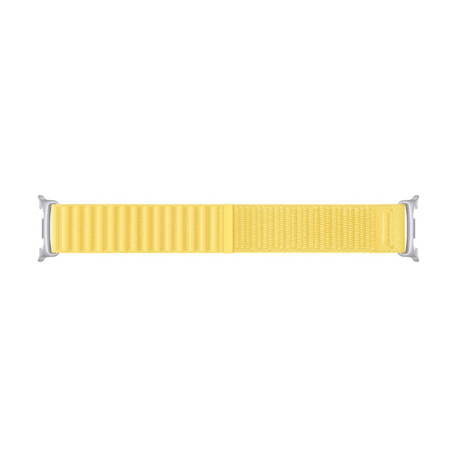 Un cinturino giallo per orologio con connettori argentati su sfondo bianco.