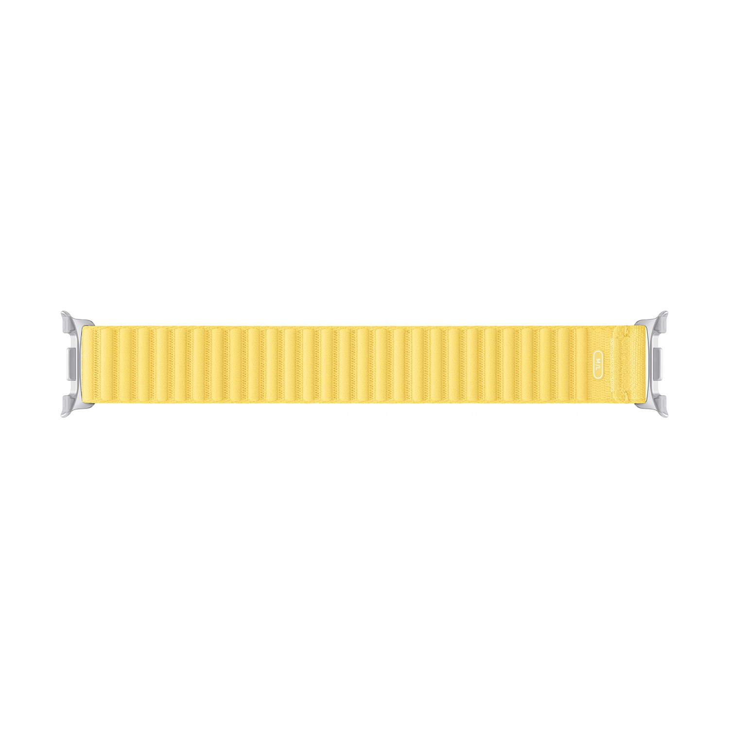 Un cinturino giallo per smartwatch con connettori argentati.