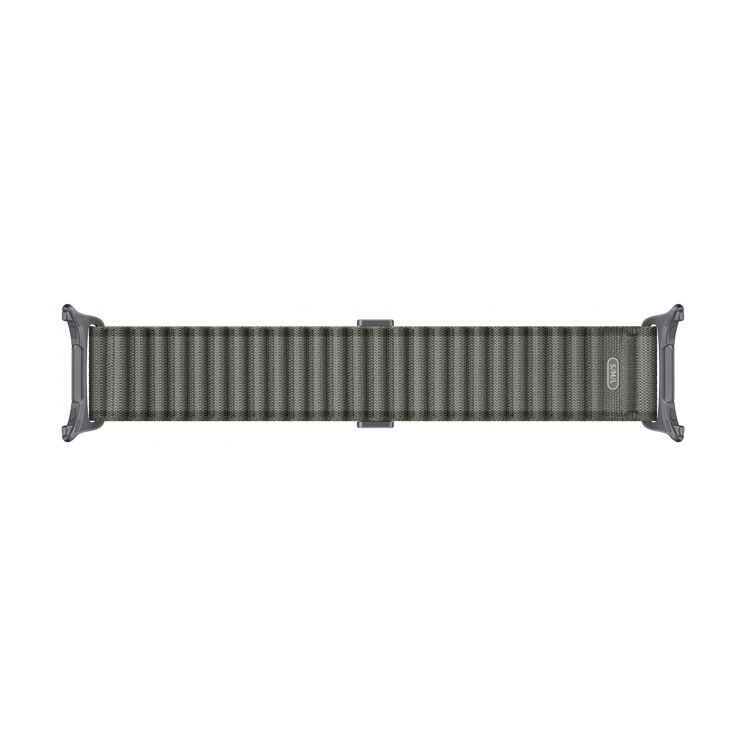 Cinturino grigio in tessuto con chiusura a cappio e connettori metallici per smartwatch.