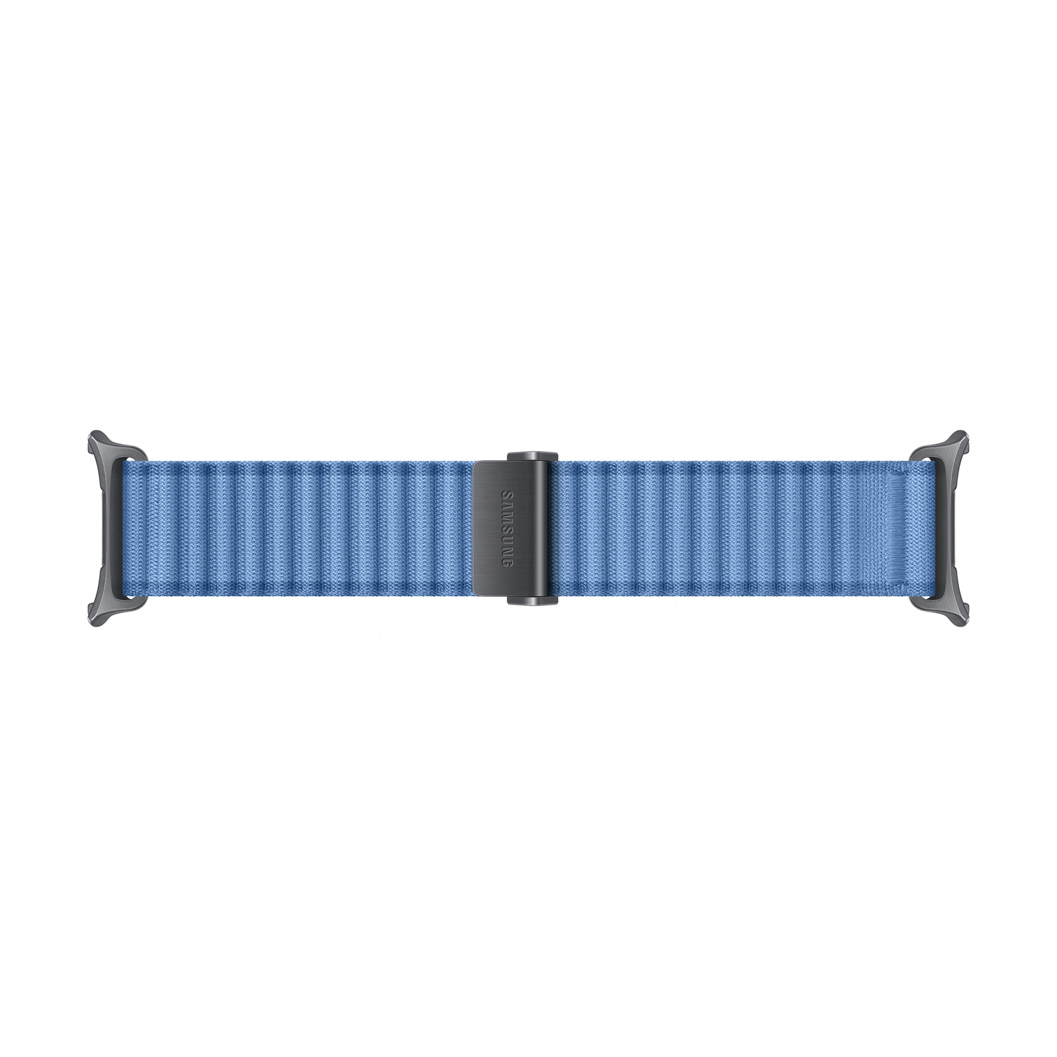 Un cinturino blu con connettori argentati e logo Samsung nero.