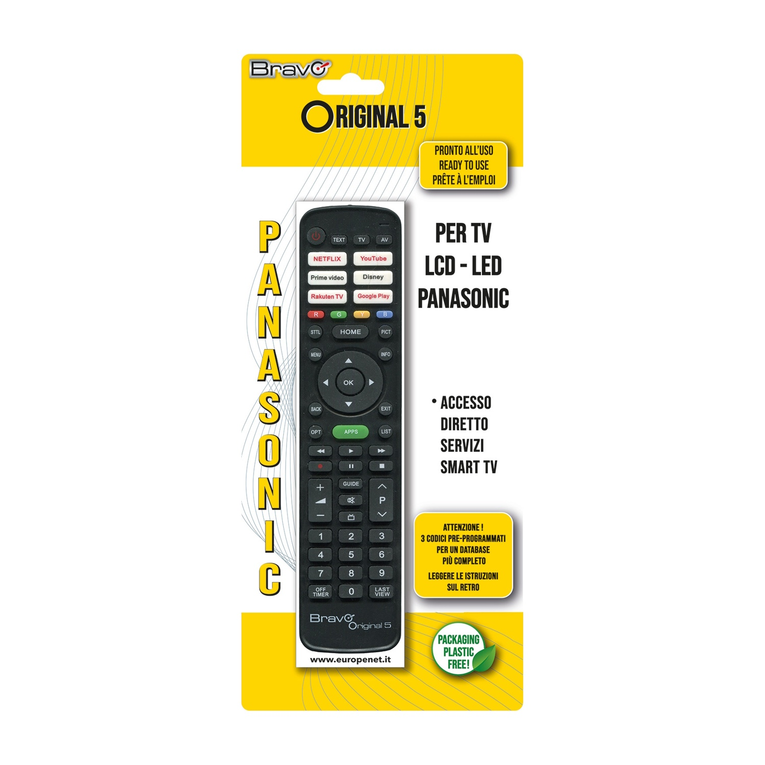 Un telecomando Bravo Original 5 per TV LCD/LED Panasonic. Design nero con pulsanti.