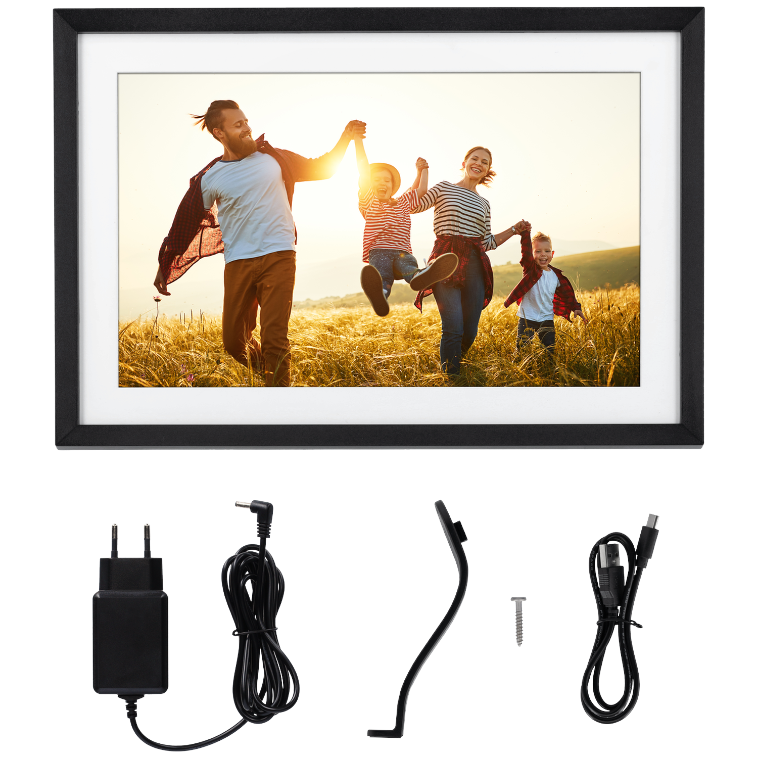 Family in sunset field, with power adapter and cable