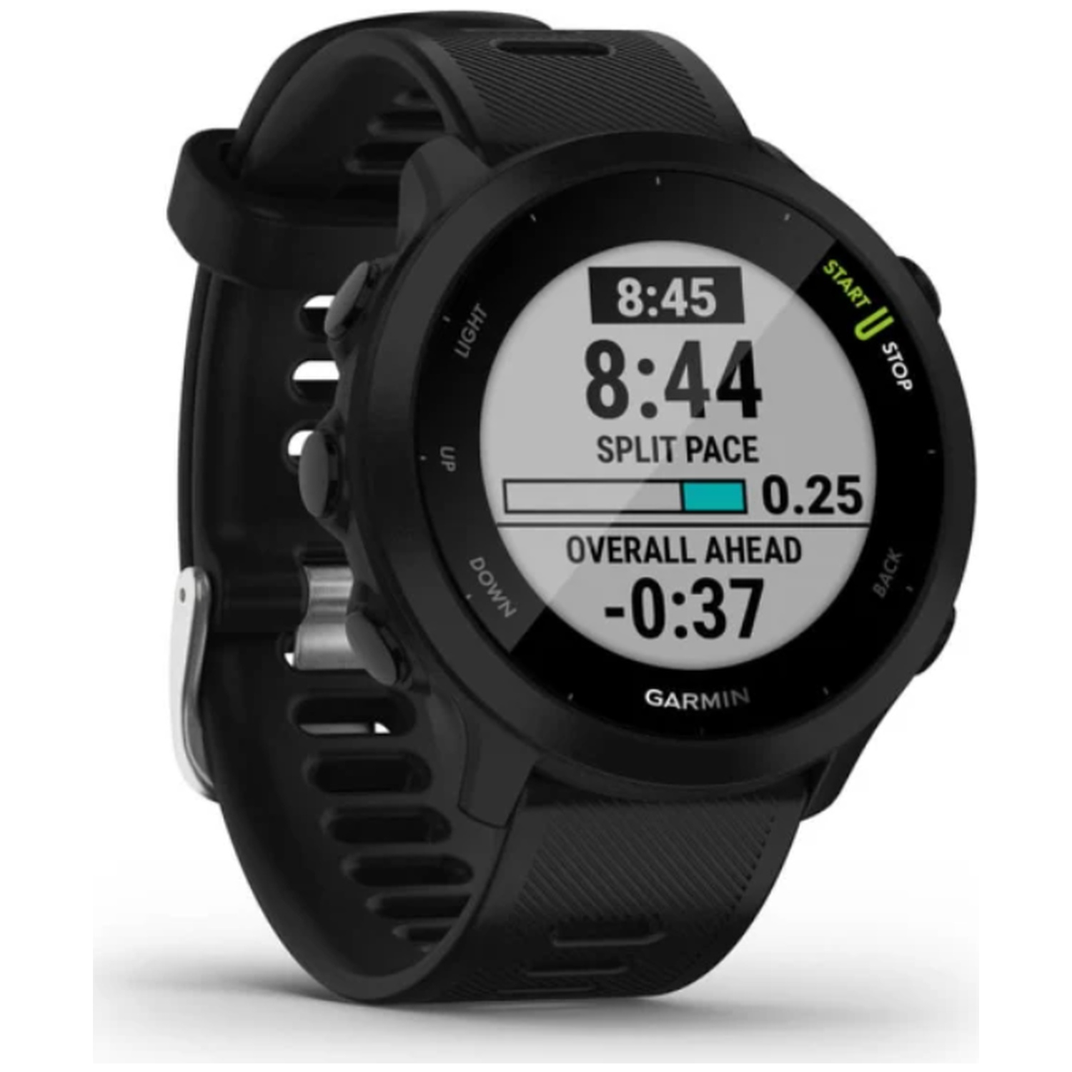 Een zwarte Garmin-horloge toont 8:44 tussentijd en -0:37 algemene voorsprong.