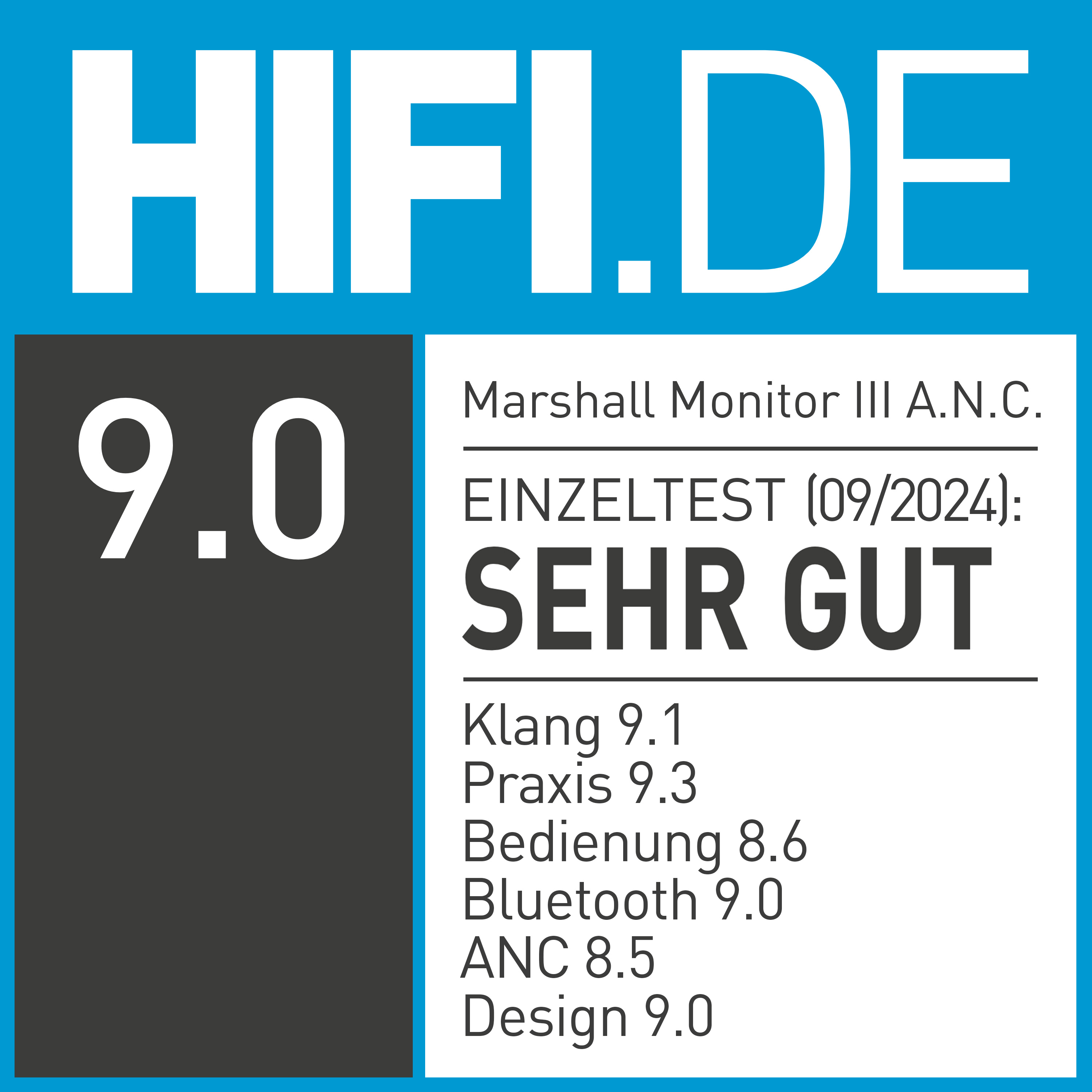 HIFI.DE Test: Marshall Monitor III ANC, SEHR GUT mit 9.0 Gesamtpunktzahl.