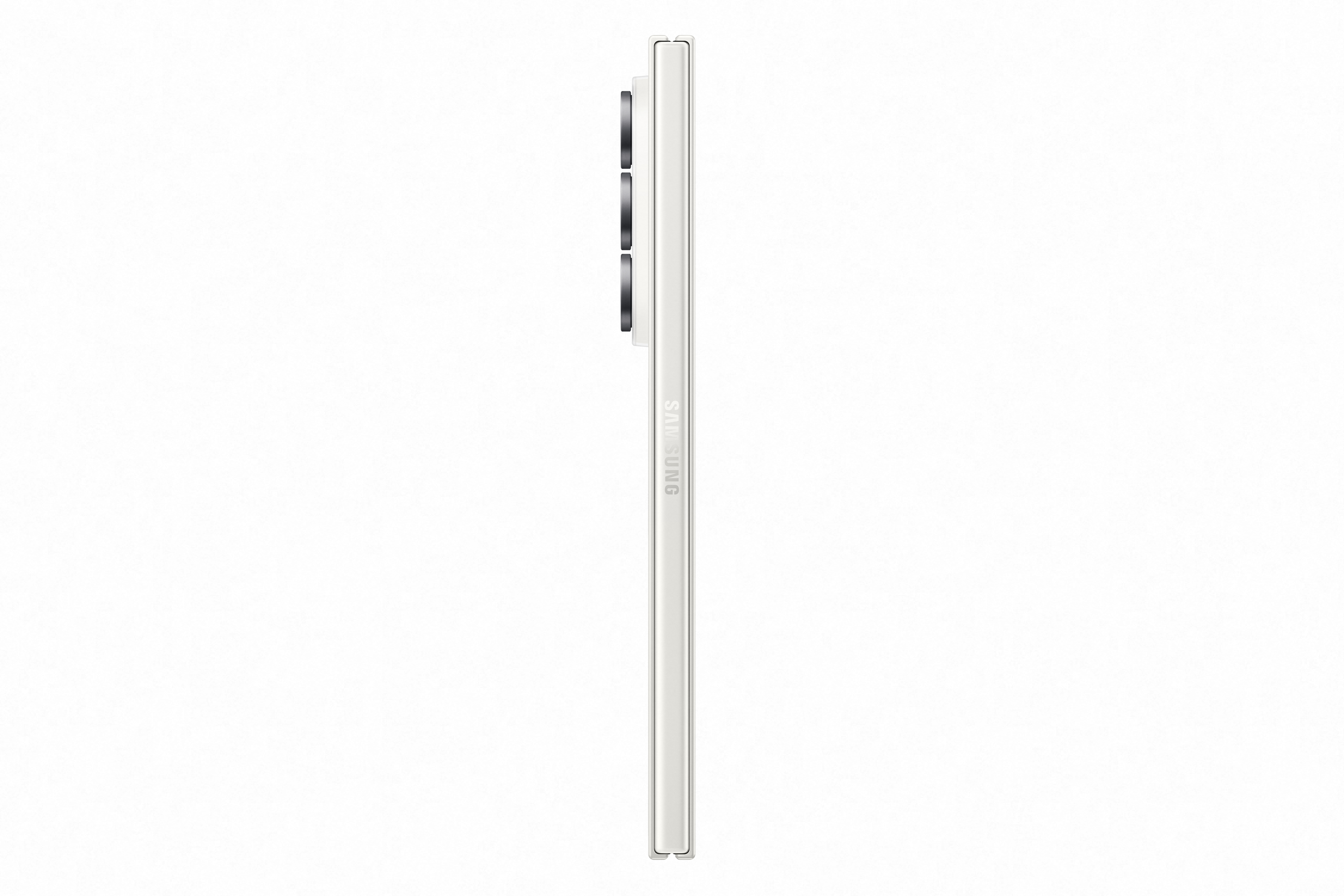 Eine weiße Smartphone-Rückseite mit drei Kameraobjektiven und dem Samsung-Logo.