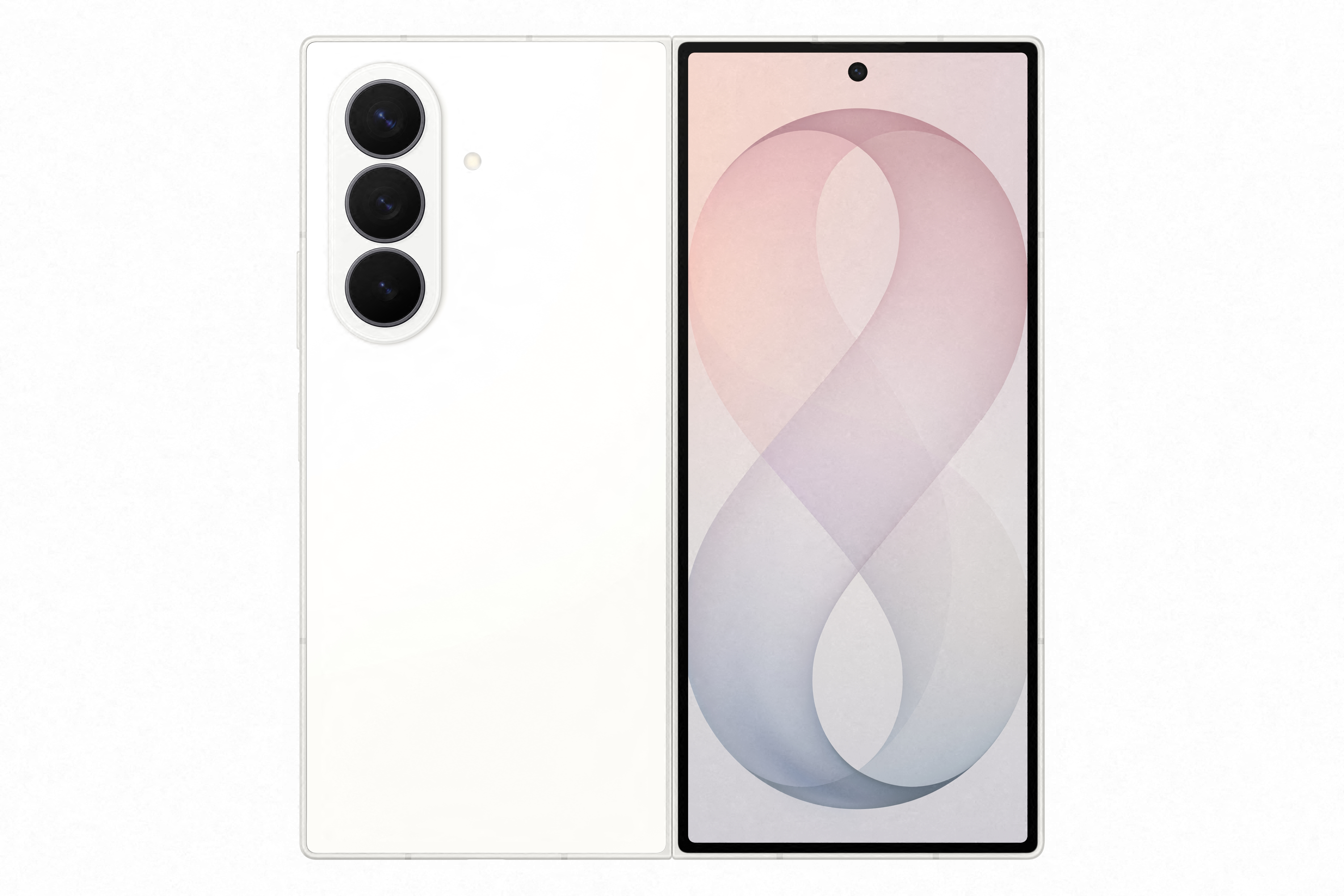 Ein weißes Smartphone mit drei Kameras auf der Rückseite und einem Bildschirm mit Farbverlauf.