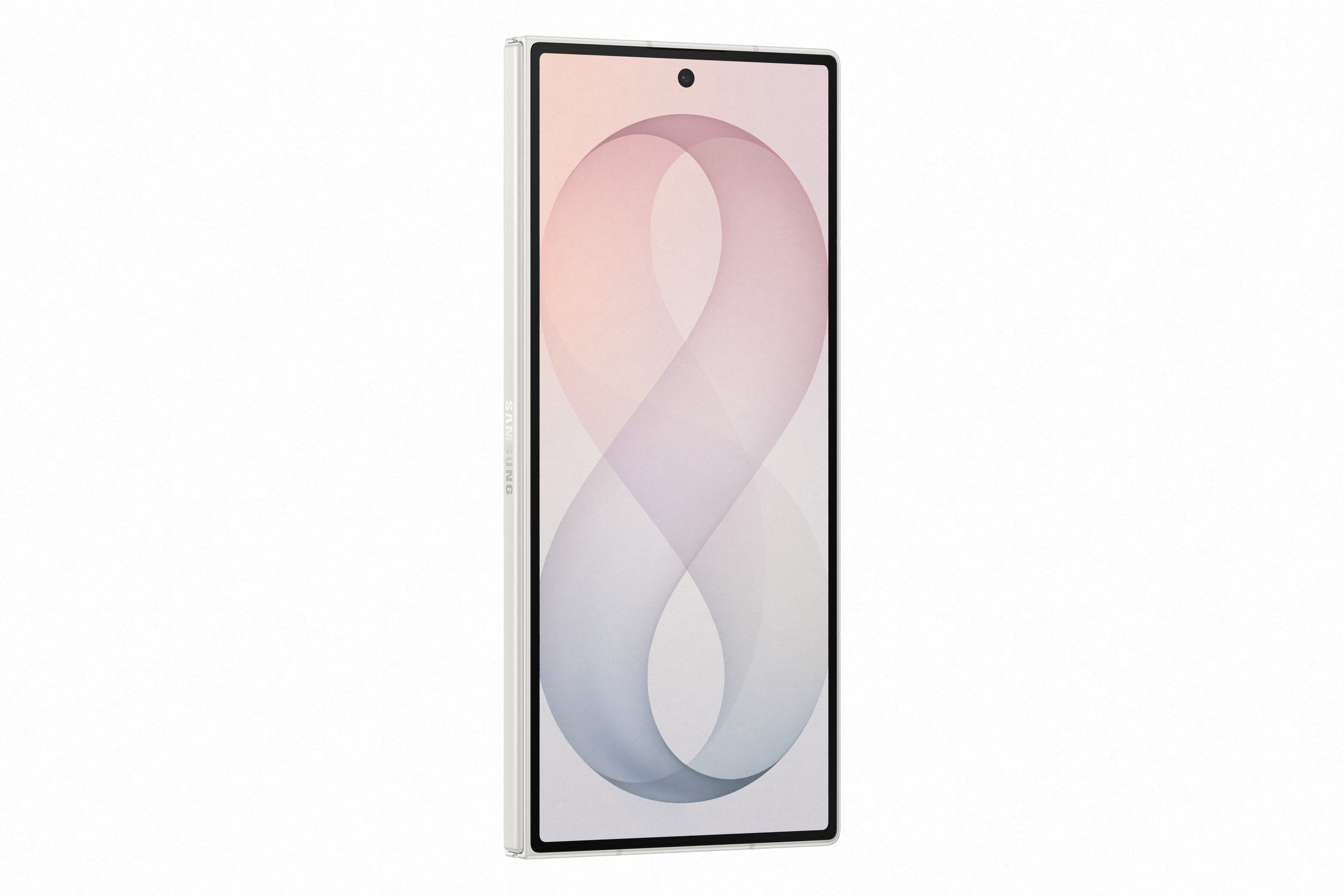 Ein weißes Smartphone mit einem abstrakten rosa und lila Muster auf dem Bildschirm.