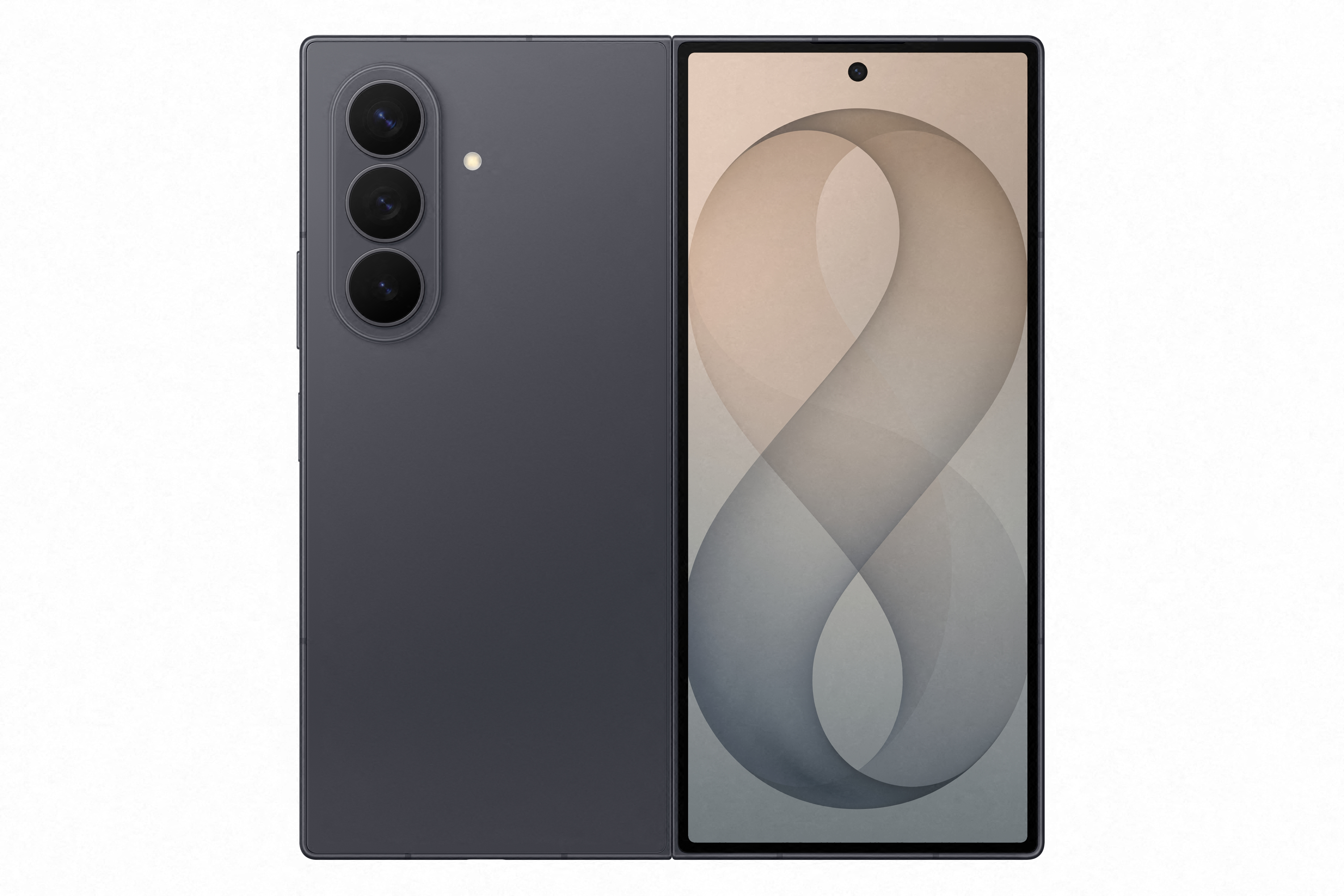 Ein dunkelgraues faltbares Smartphone mit drei Kameras auf der Rückseite und einem geöffneten Bildschirm.