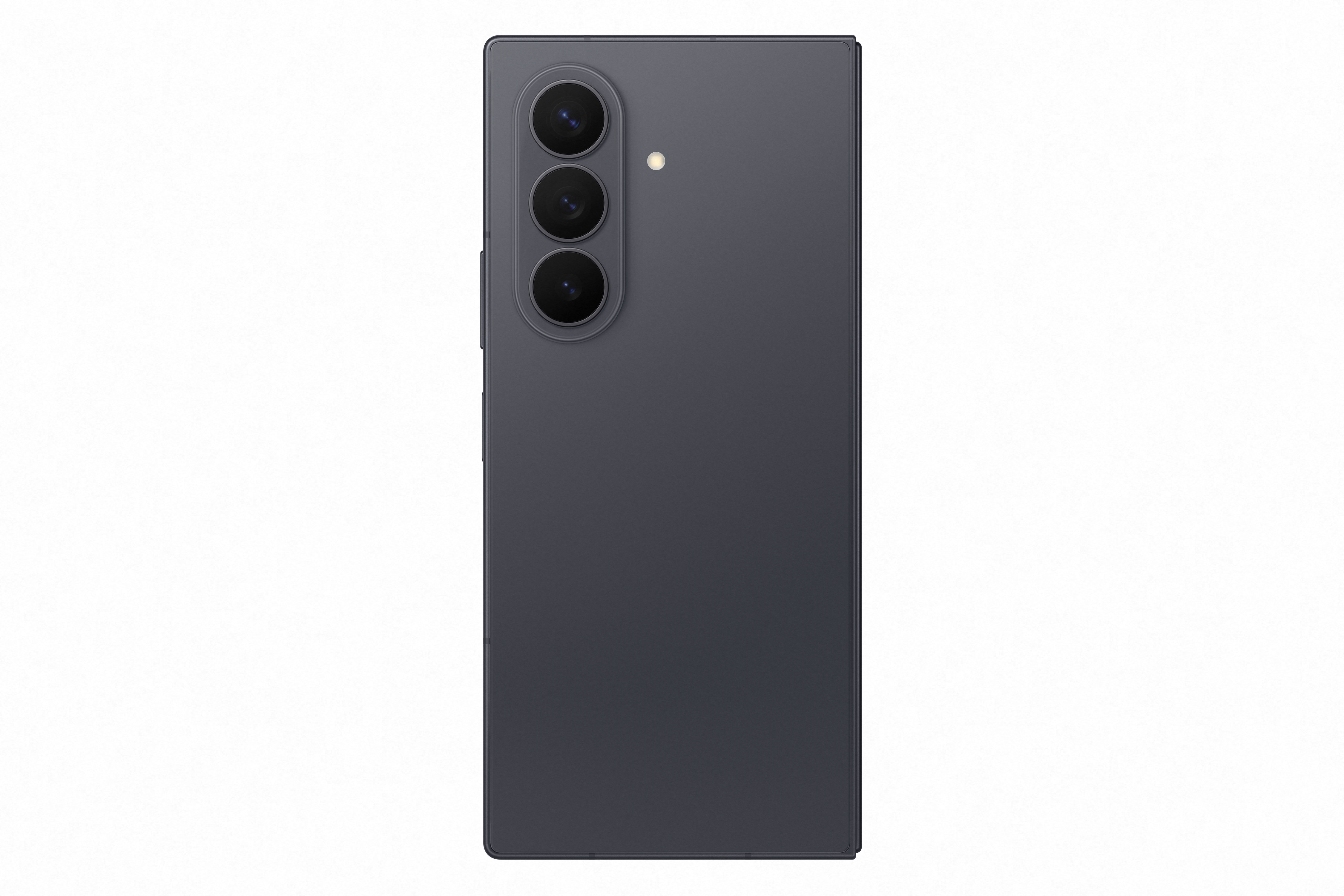 Dunkelgraues Smartphone mit drei Kameralinsen und Blitz.