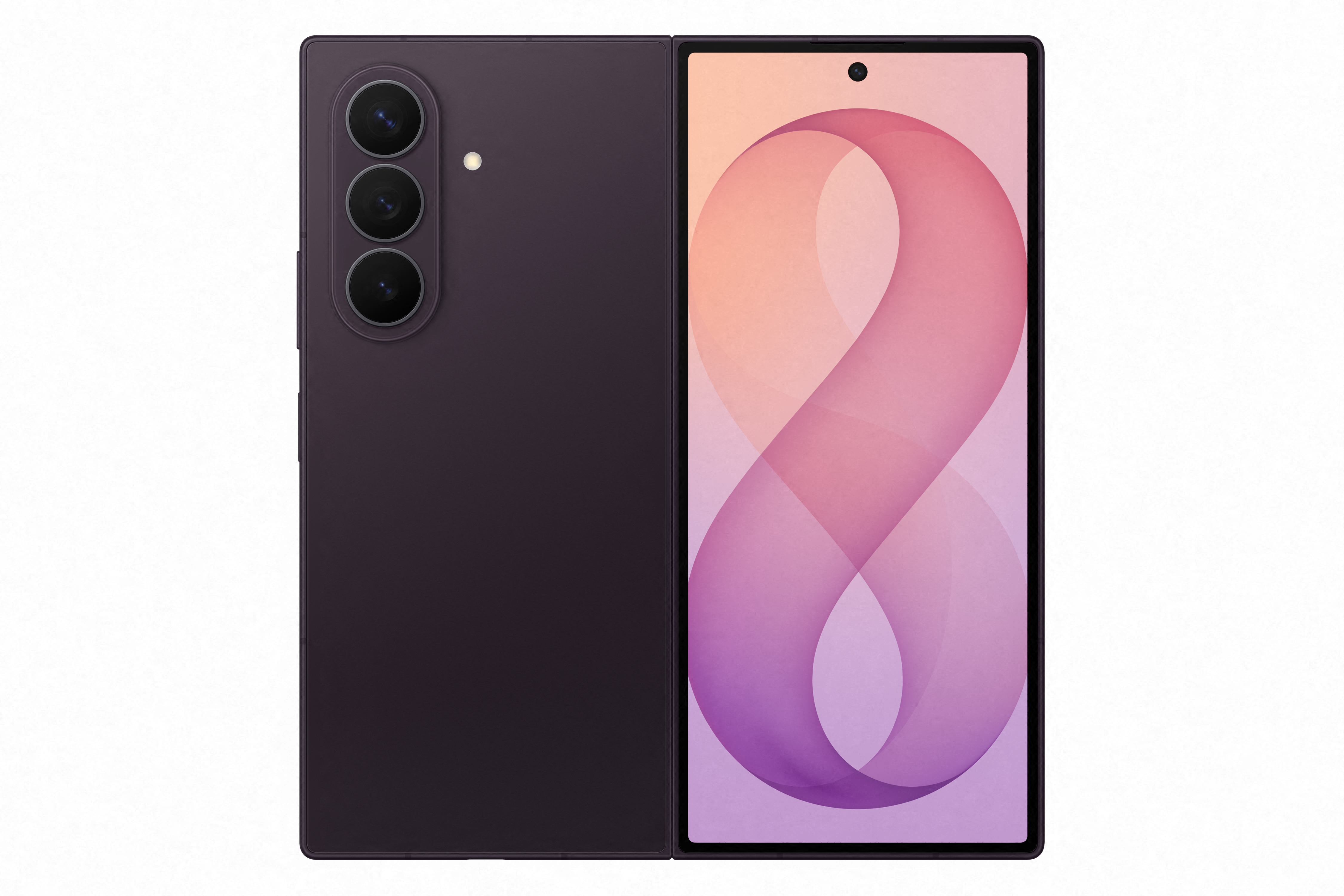 Ein lila faltbares Smartphone, geschlossen, mit drei Kameras auf der Rückseite.