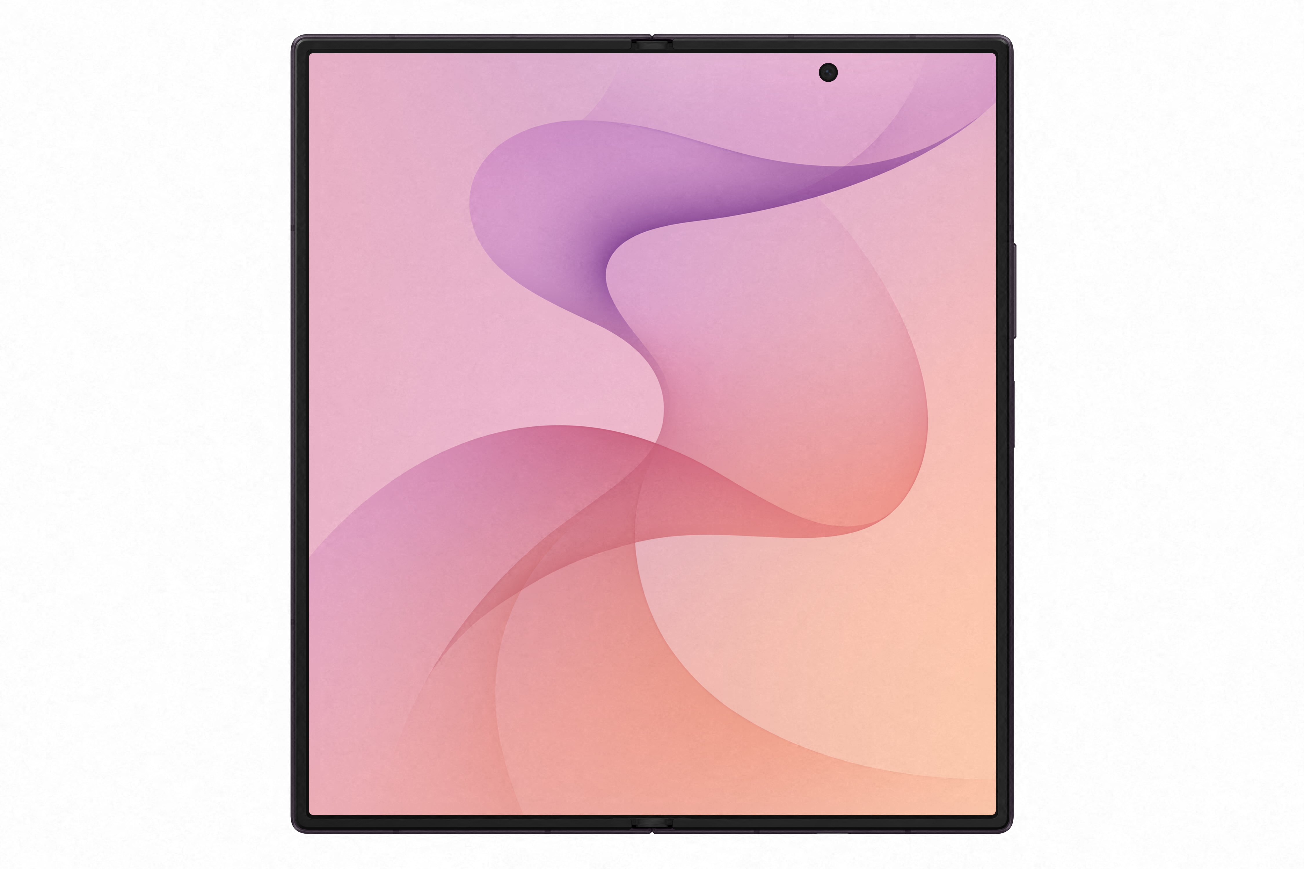 Ein aufgeschlagenes Smartphone mit einem abstrakten rosa und lila Hintergrund.