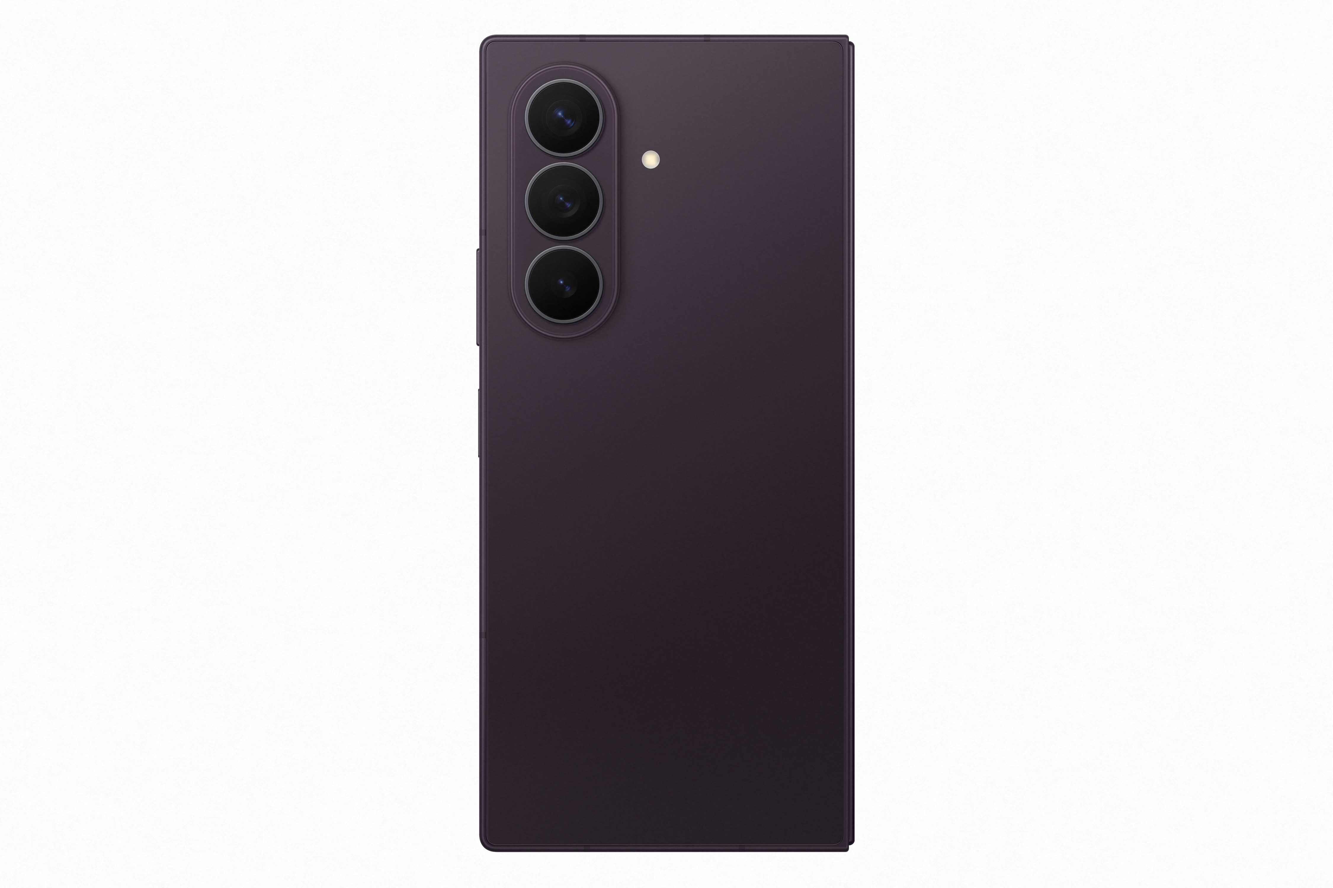 Rückseite eines dunkelvioletten Smartphones mit drei Kameras und Blitz.