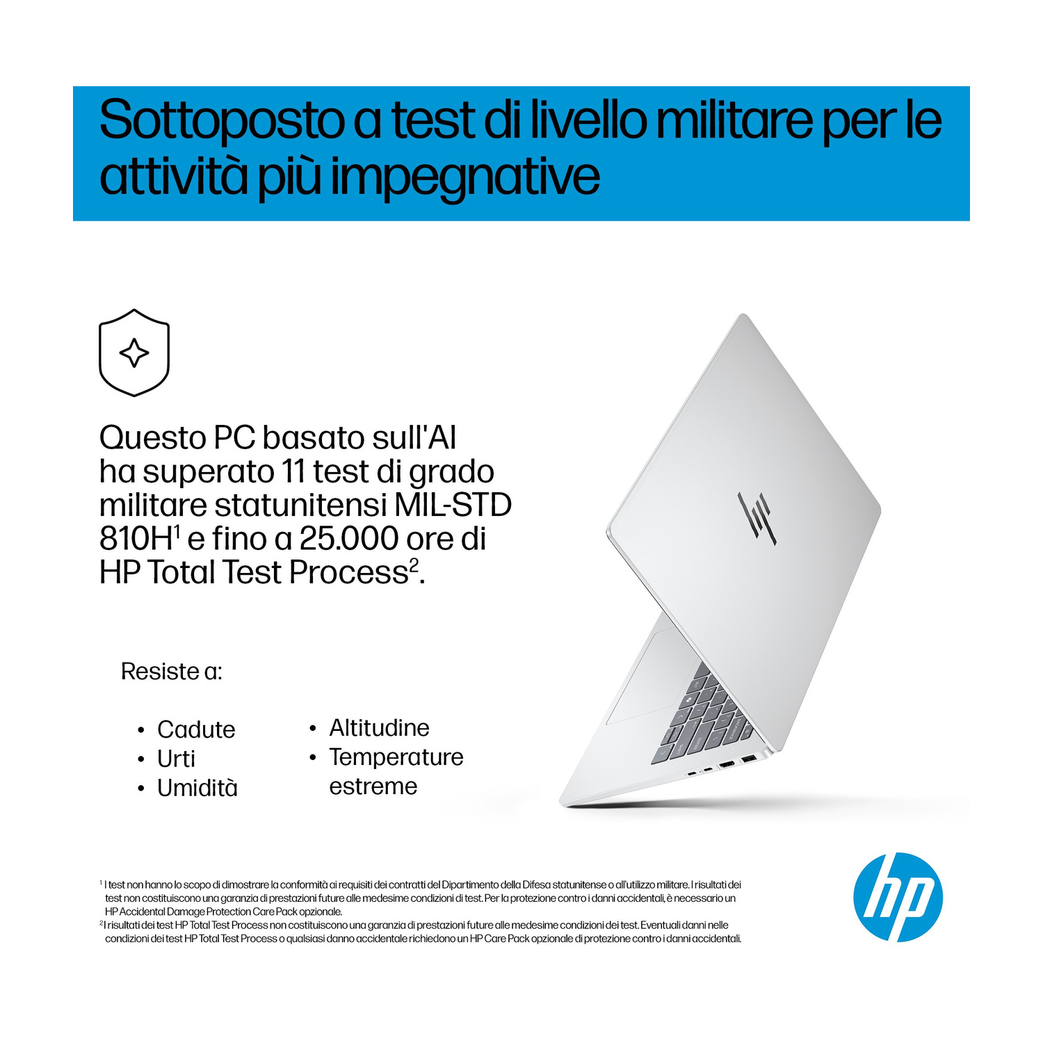 Un laptop argentato con logo HP, sottoposto a test di livello militare.