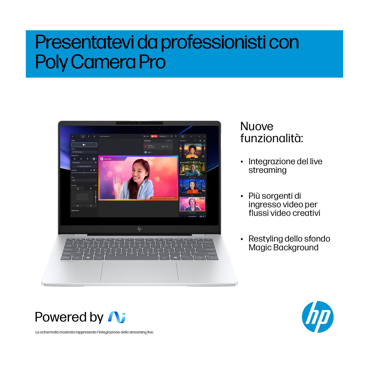 Un laptop mostra il software Poly Camera Pro con più flussi video e funzionalità.