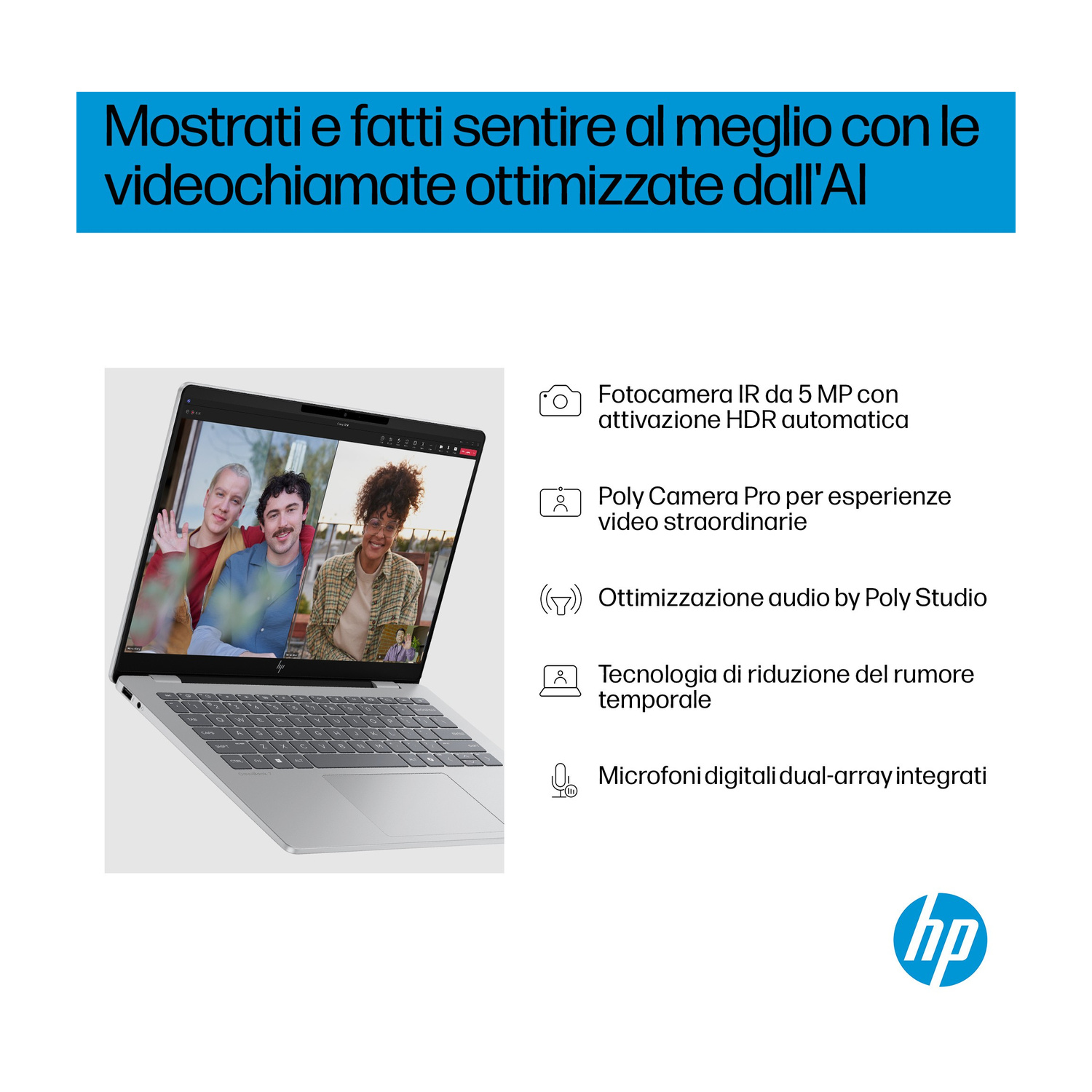 Un laptop mostra tre persone in videochiamata. Chiamate ottimizzate dall'IA.