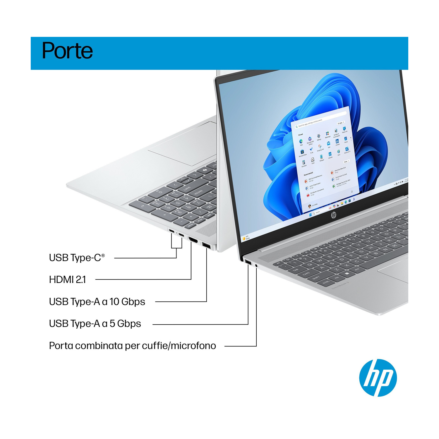 Un laptop argentato con Windows 11, che mostra le porte: USB-C, HDMI 2.1, USB-A.