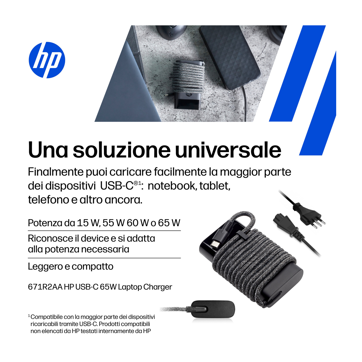 Logo HP e caricabatterie universale. Il caricabatterie è nero con cavo intrecciato grigio. Ha USB-C.