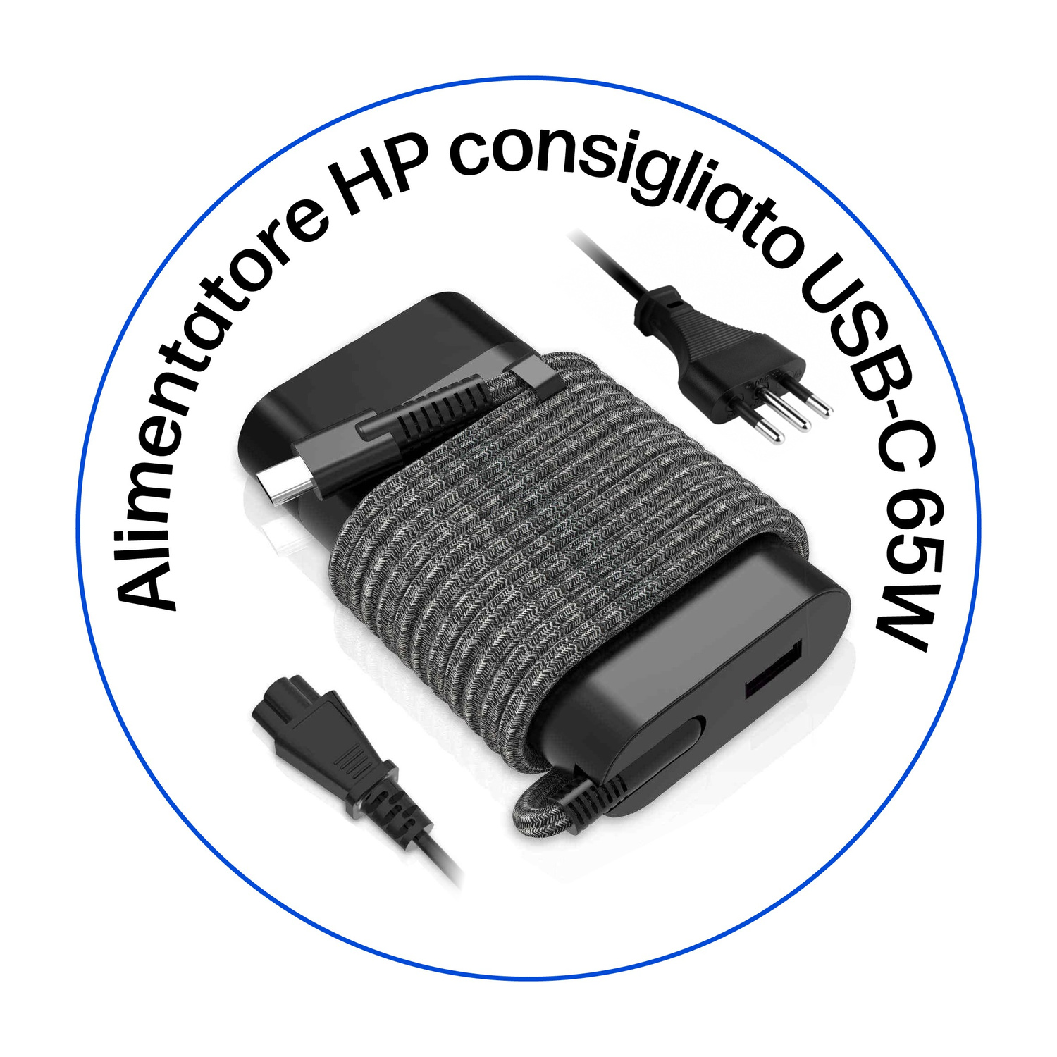 Un alimentatore USB-C nero con cavo grigio e due spine.