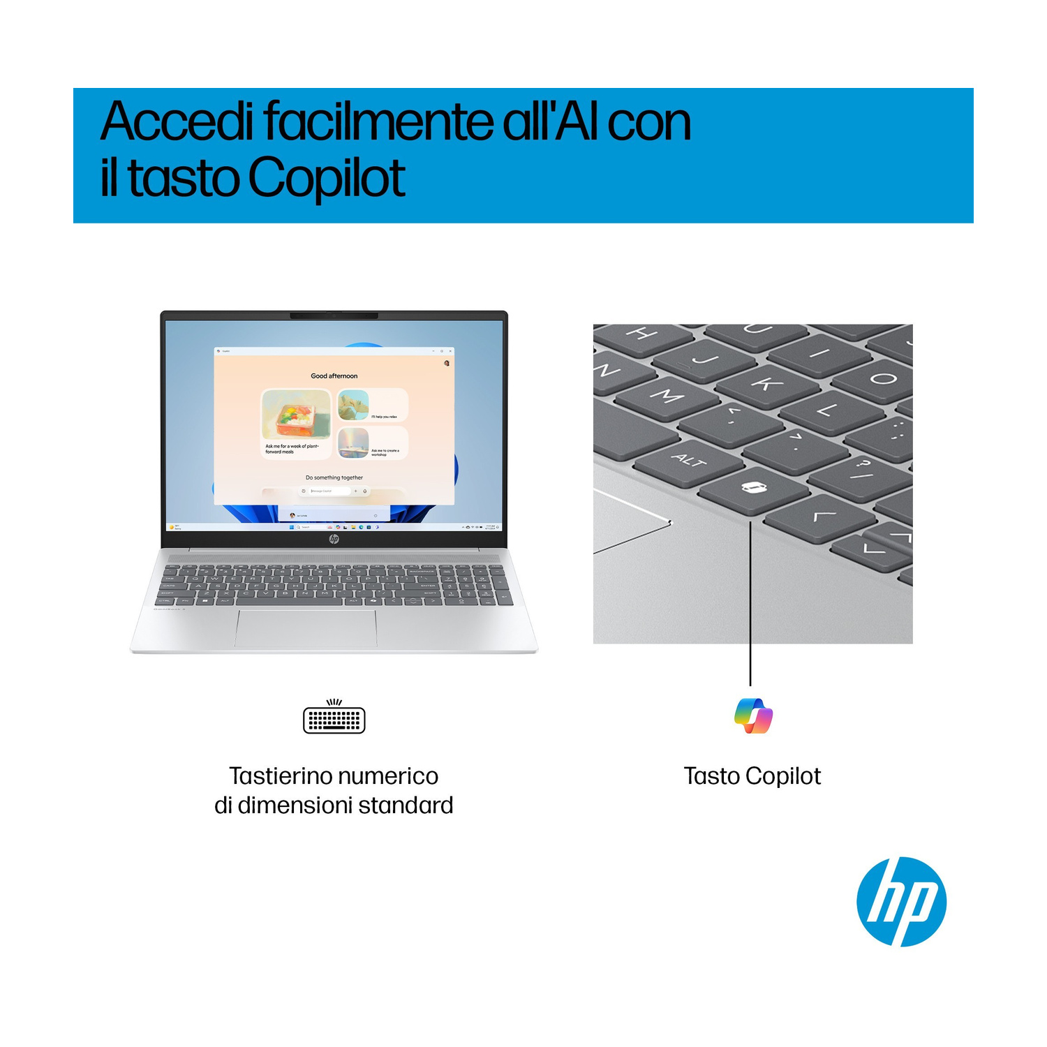Laptop HP con tasto Copilot e tastierino numerico. Testo: Accedi facilmente all'IA con il tasto Copilot.