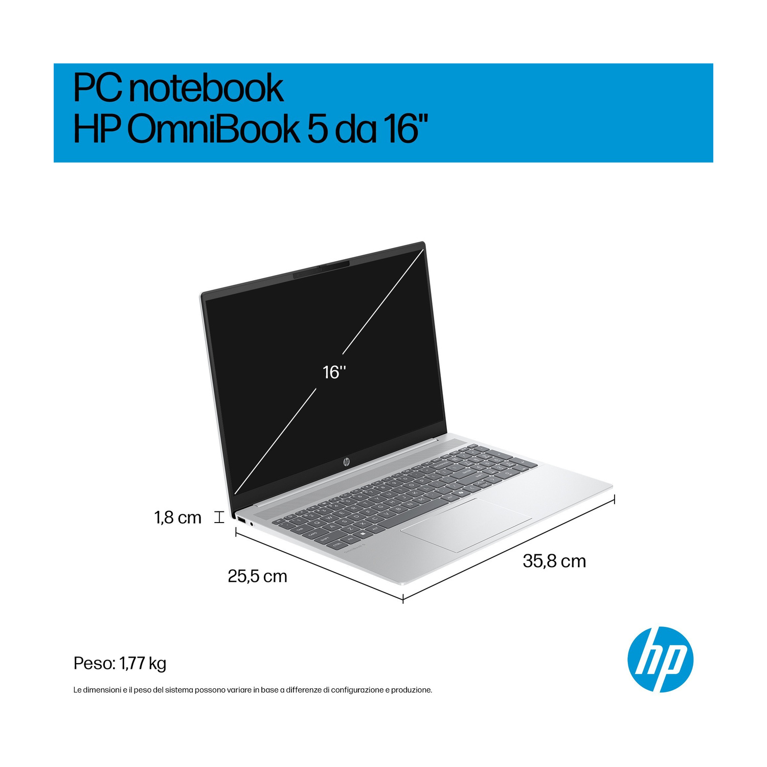 Notebook HP OmniBook 5 argento 16 pollici con dimensioni e peso.