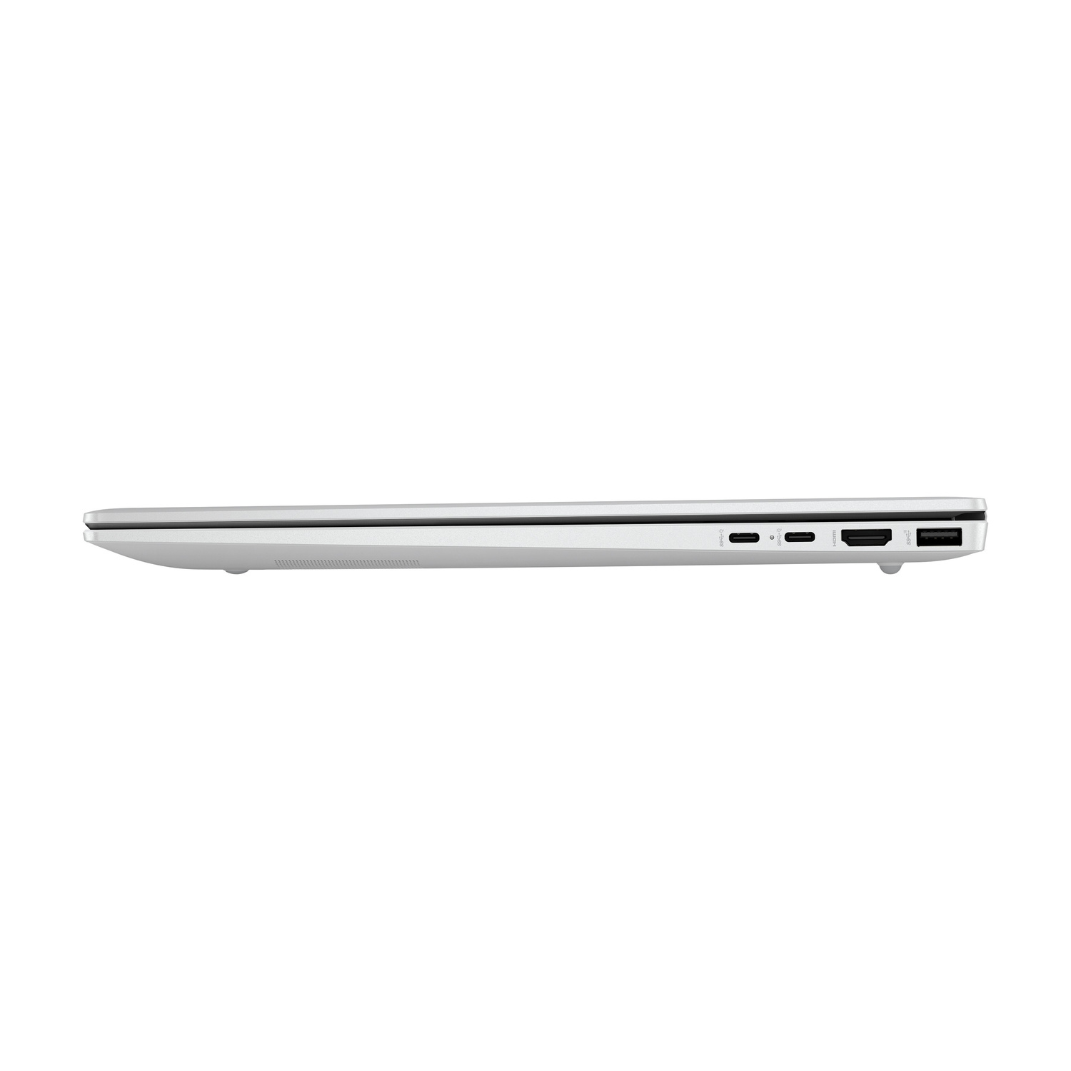 Vista laterale di un laptop bianco con porte USB-C e HDMI.