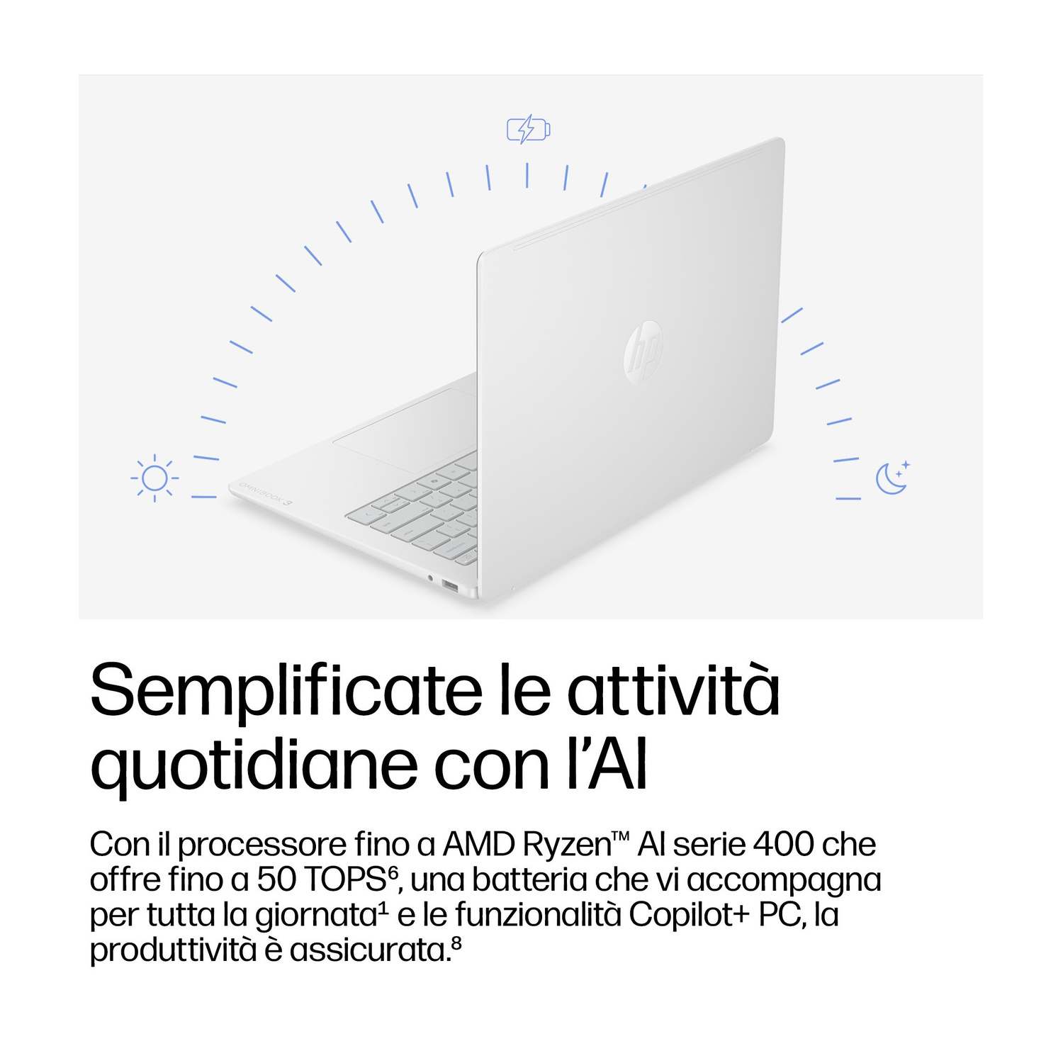 Laptop bianco con logo HP, tastiera e icone sole, batteria e luna.